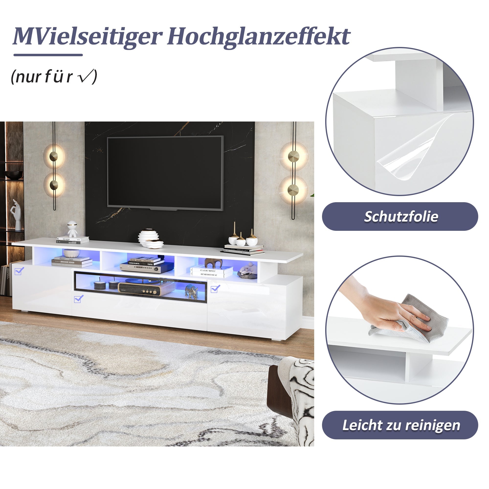 Logidon TV-meubel wit 180x38x45 cm met LED-verlichting 2 deuren 1 lade