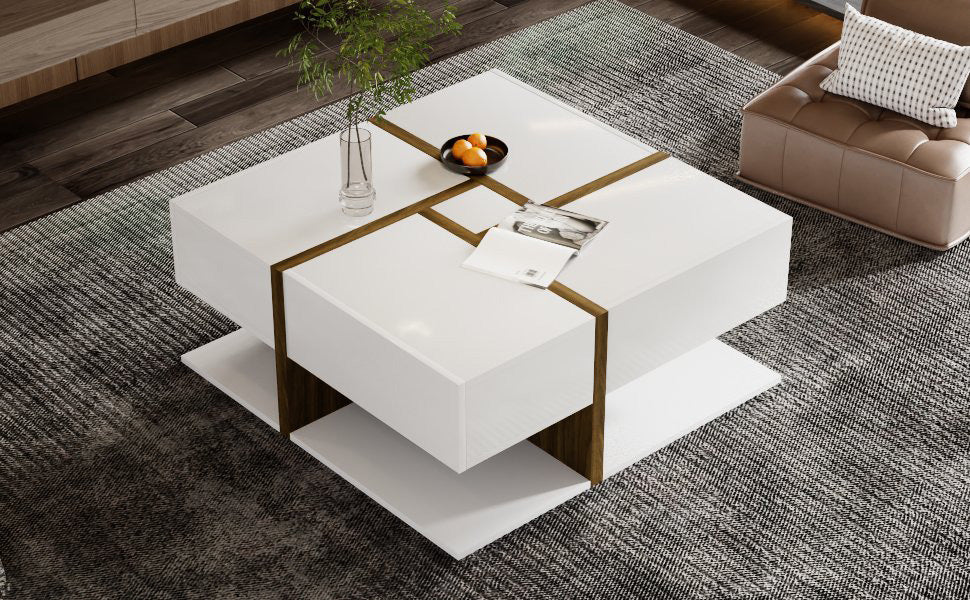 Logidon hoogglans salontafel wit met vier lades 78x78 cm