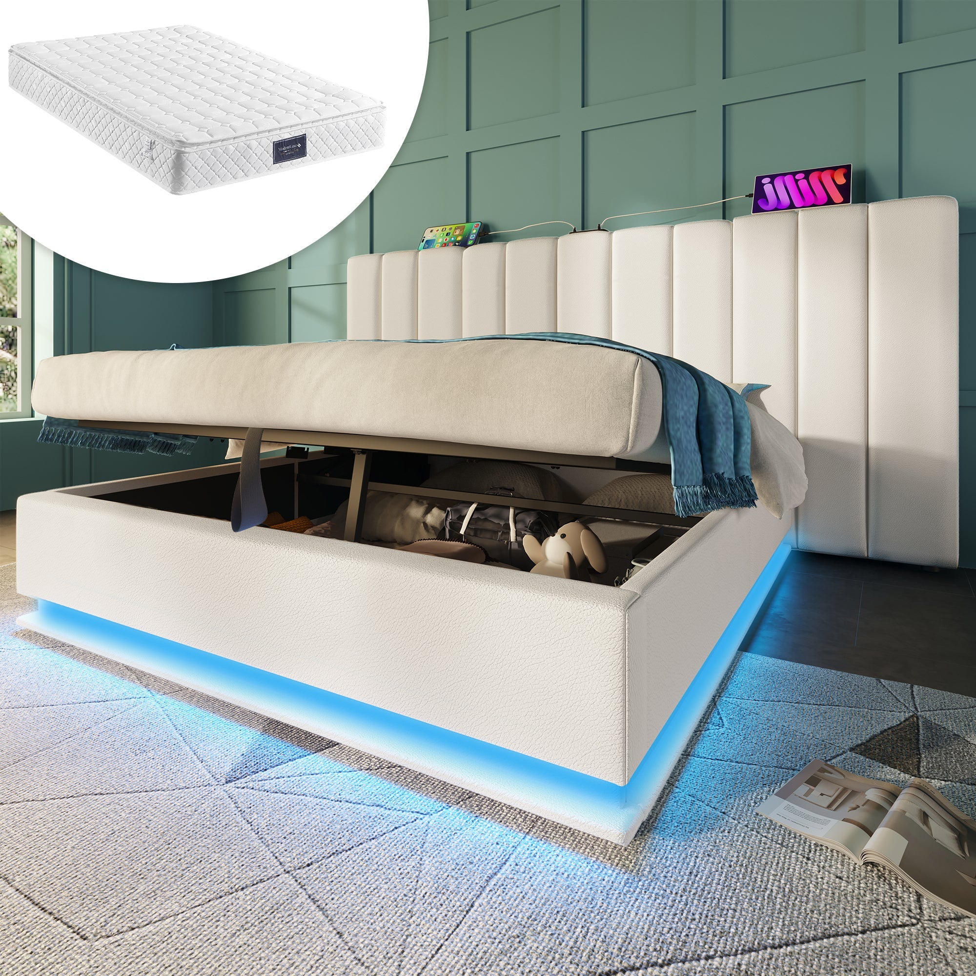 Logidon gestoffeerd bed 160x200 wit met opbergruimte en app-gestuurde LED-verlichting
