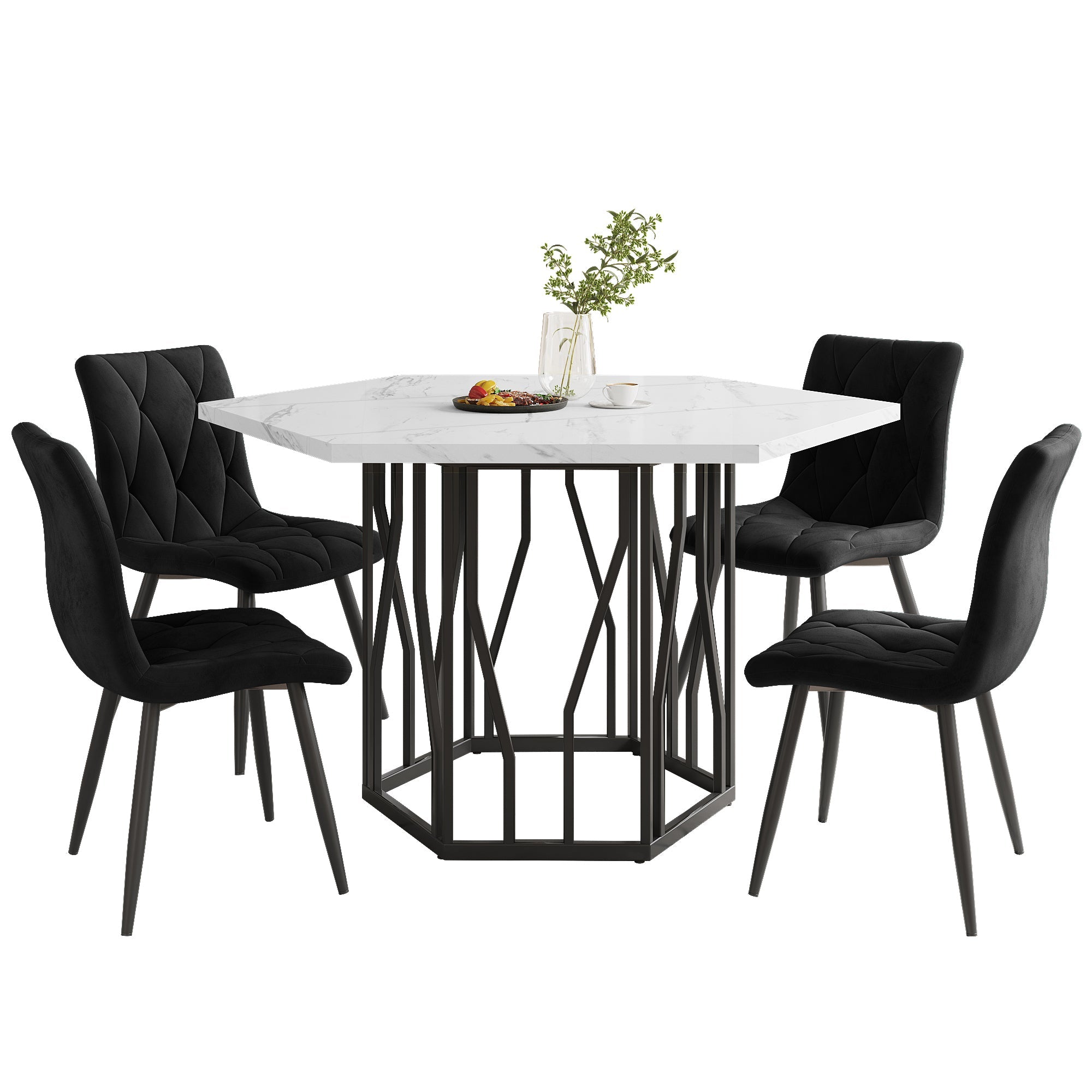 Logidon Hexagon marmeren witte eettafelset en zwart fluwelen stoelen