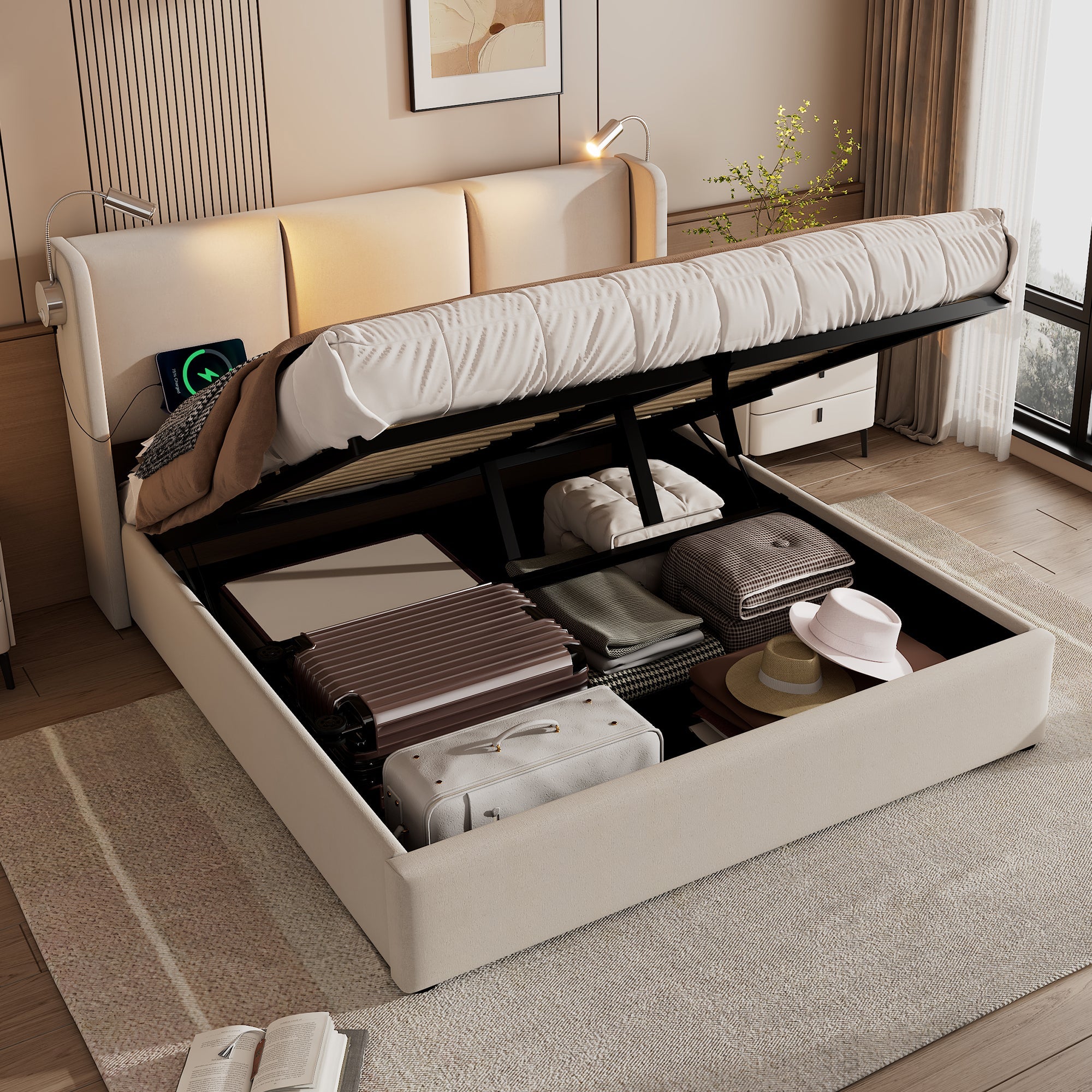 Logidon gestoffeerd bed 140x200 beige linnen opbergruimte met USB leeslampje