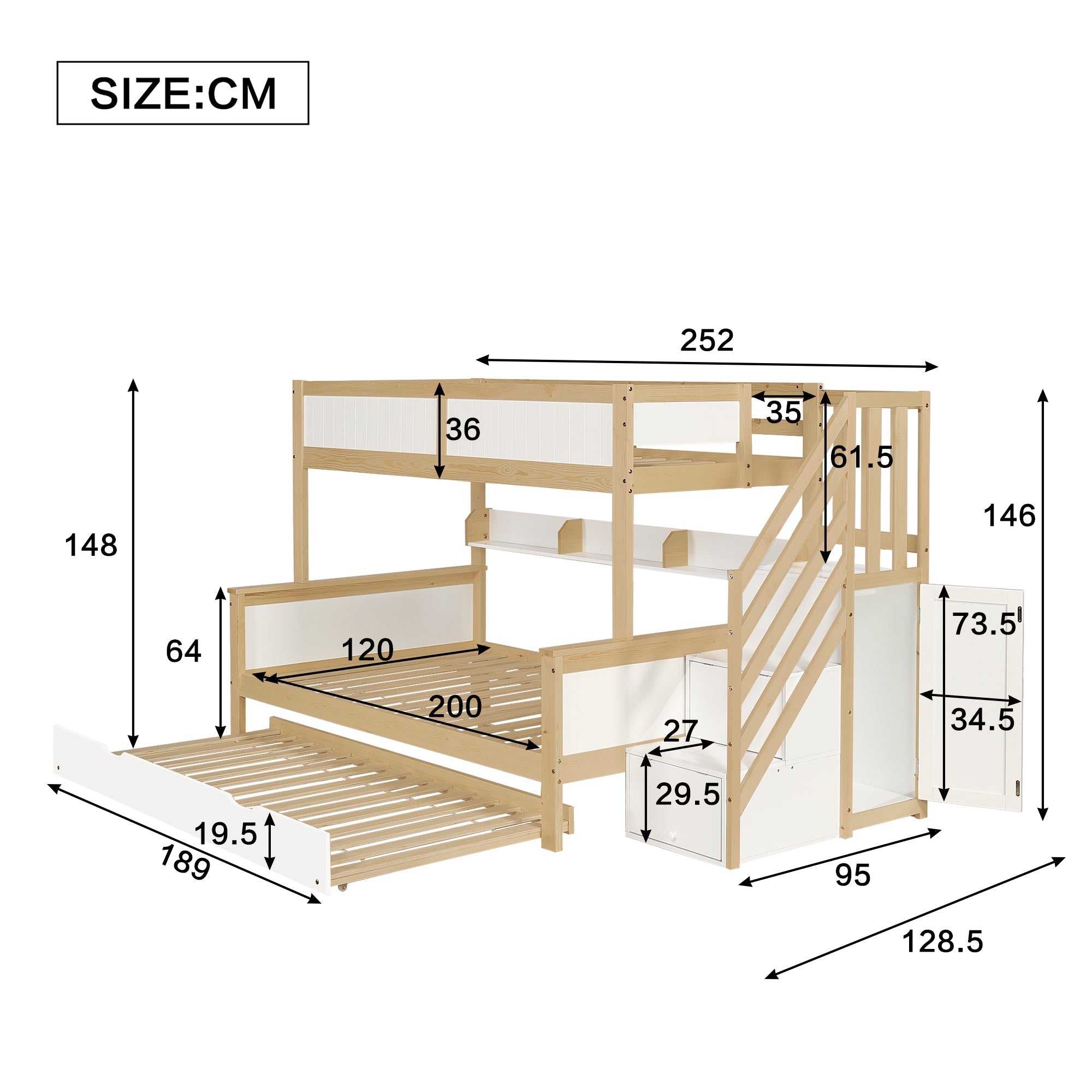 Logidon stapelbed naturel raster hoektrap onderschuifbed 90x200 120x200