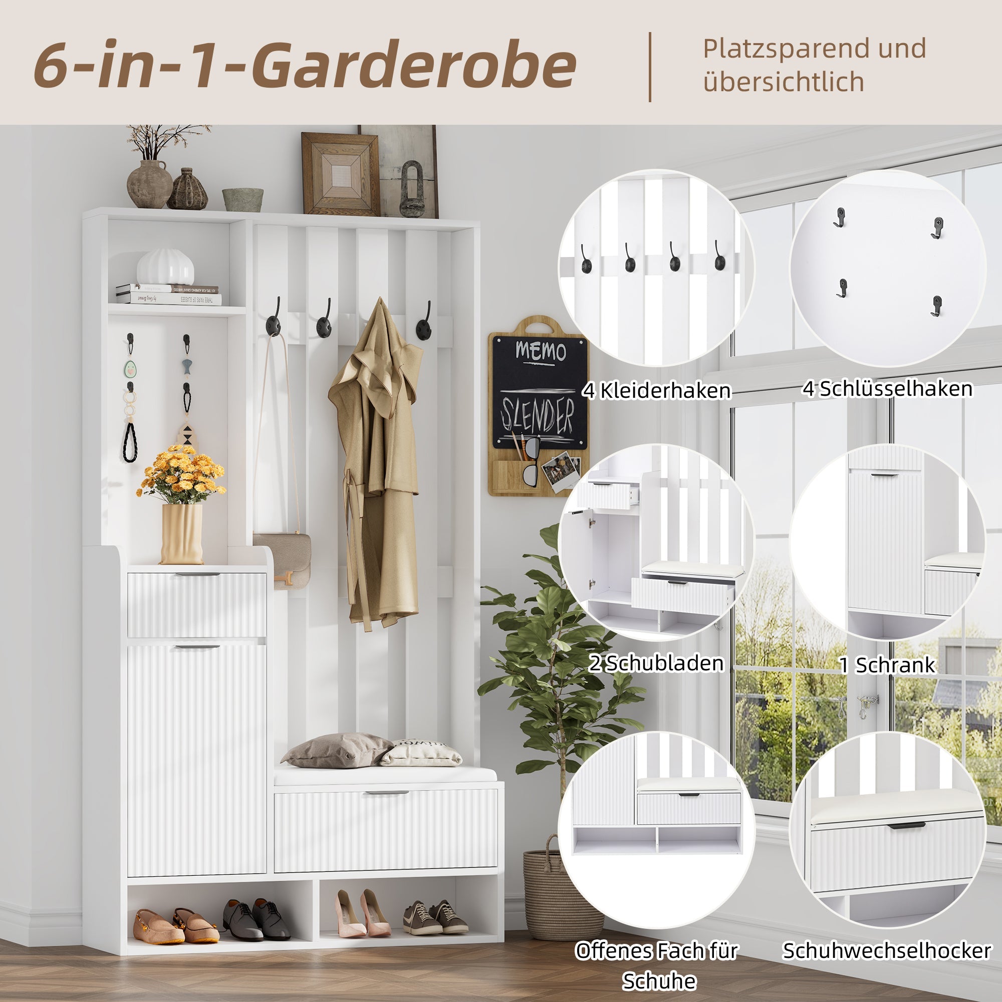 Logidon Kledingkast 6in1 Wit 100x30x180 cm Schoenenbankopberger
