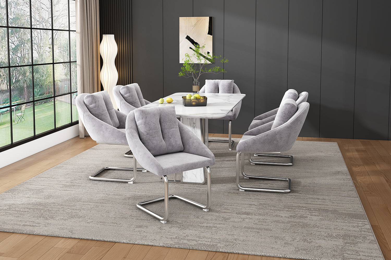 Logidon Grijze Fluwelen Stoelenset Ergonomische Eettafelstoelen Metalen Frame