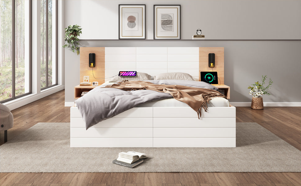 Logidon tweepersoonsbed 140x200 met leeslamp USB 2 laden eiken wit