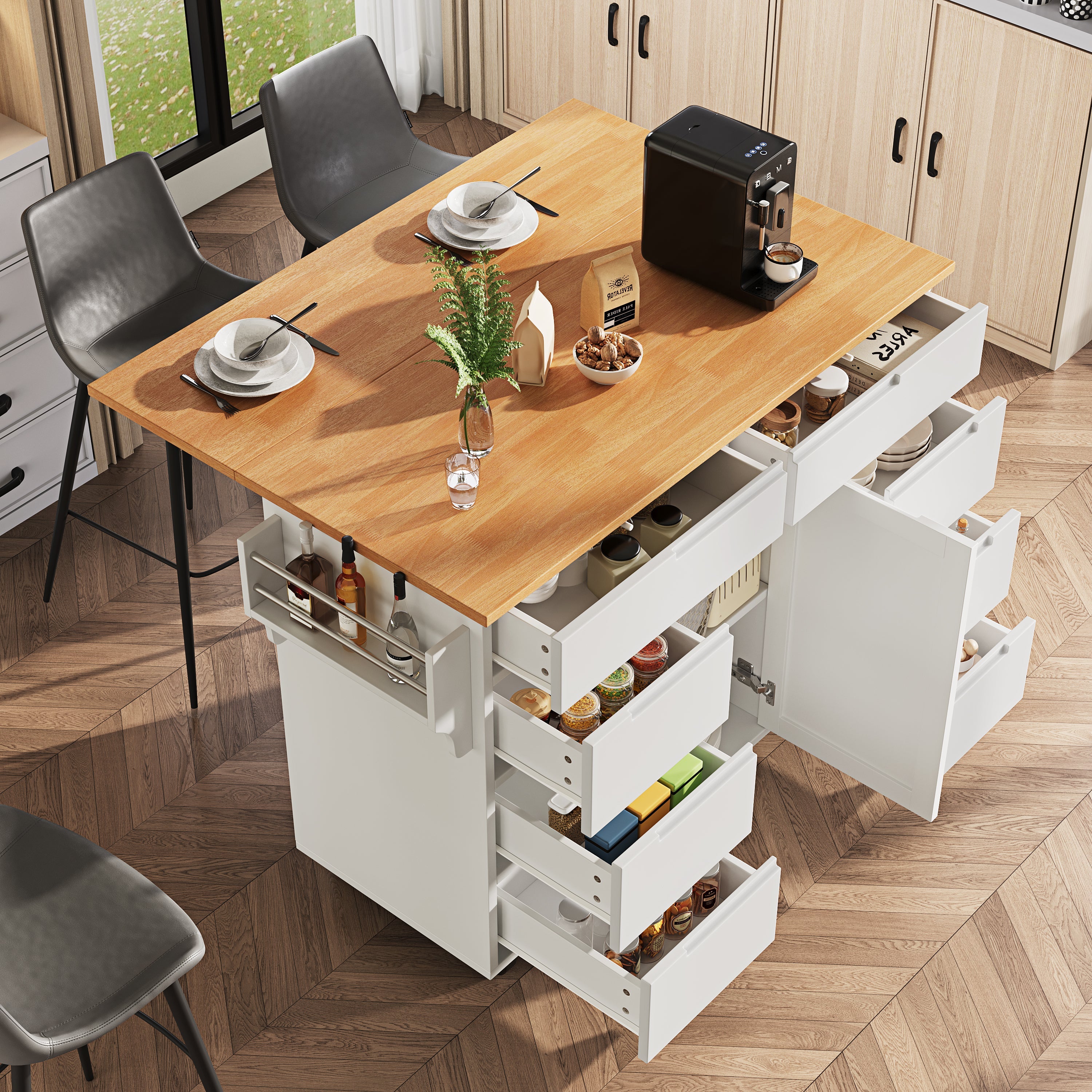 Logidon Modern Keukeneiland Uitschuifbare Keukentrolley Wit 8 Laden