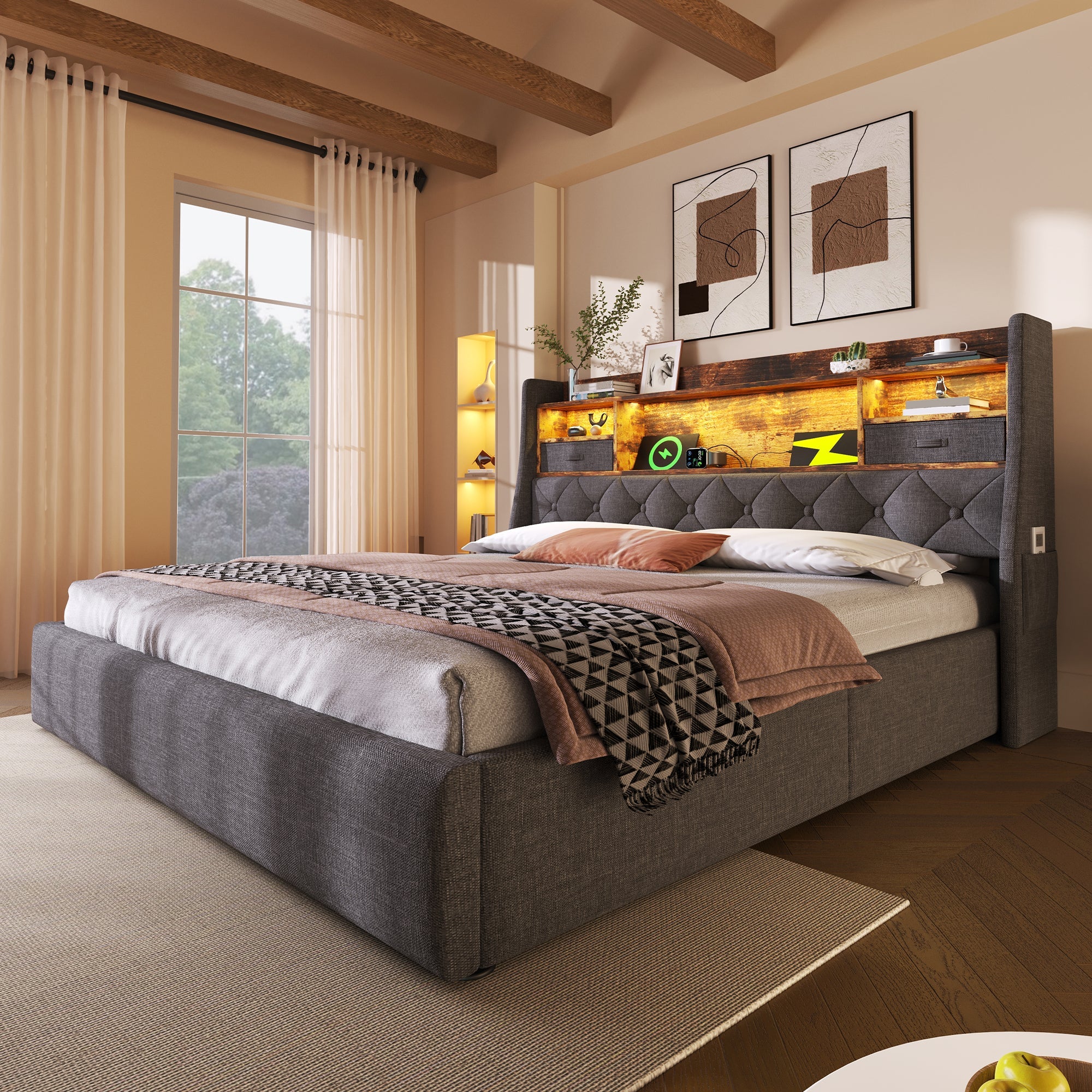 Logidon gestoffeerd bed 160x200 cm met opbergruimte, LED-hoofdbord, USB-C