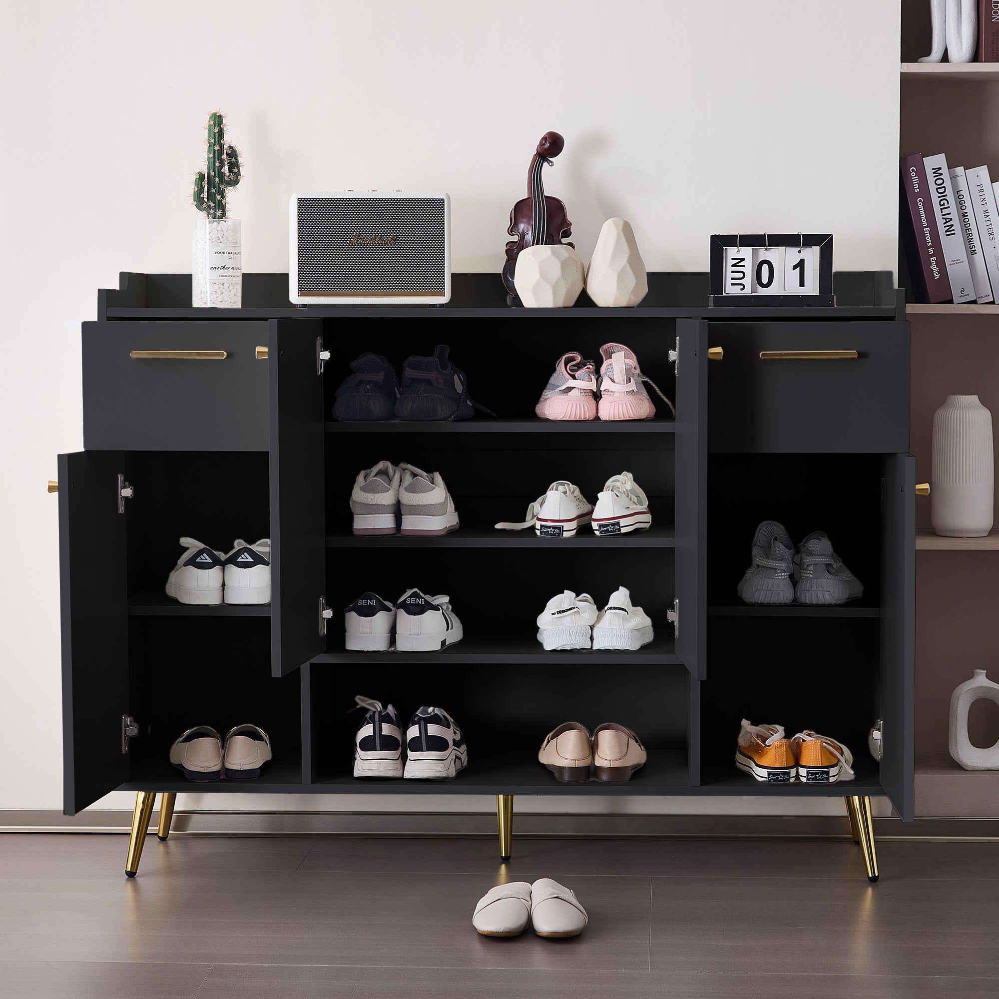 Logidon shoe cabinet black with 2 drawers and 4 doors metal feet
