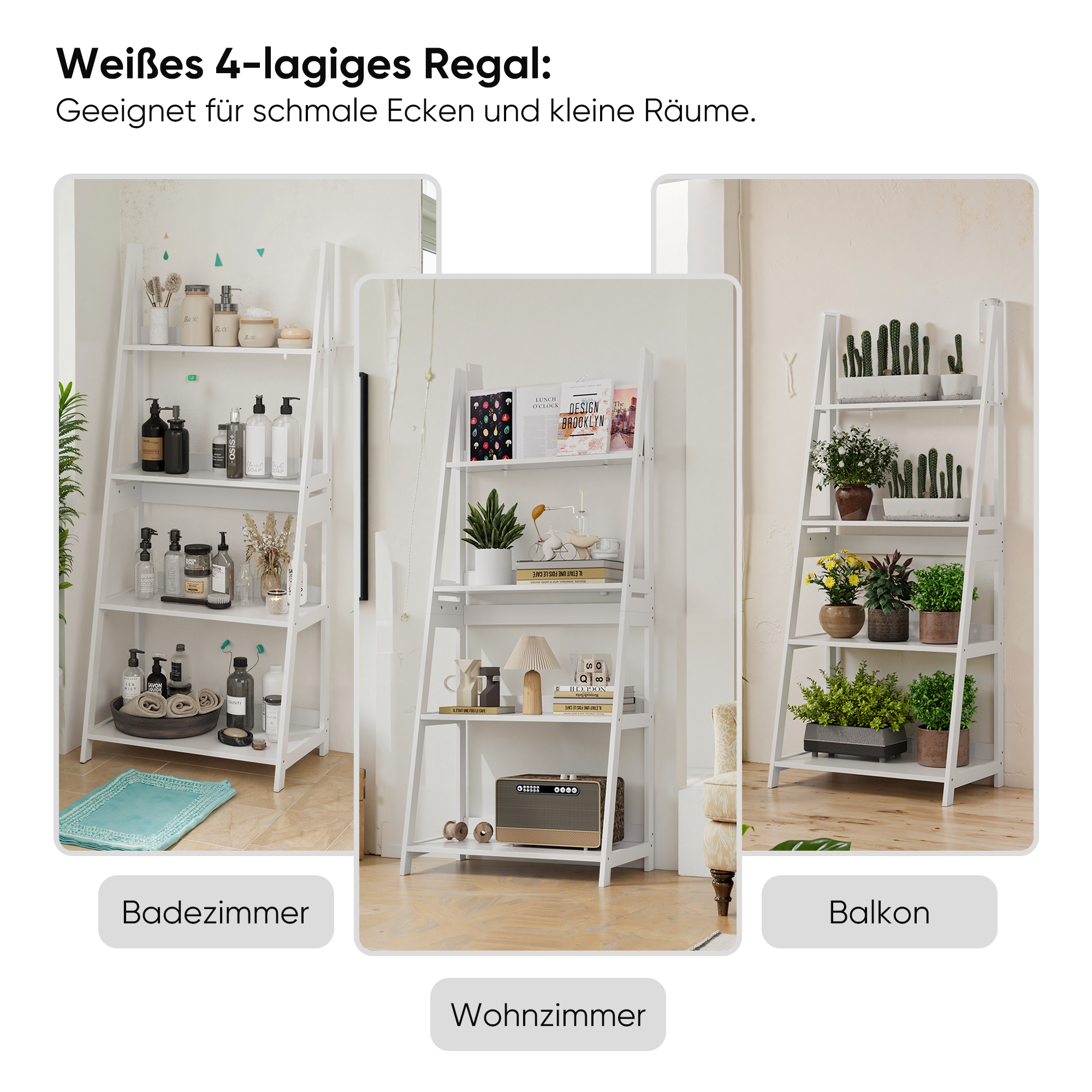 Logidon ladderboekenkast wit 4-laags staande plank 63x39x150 cm