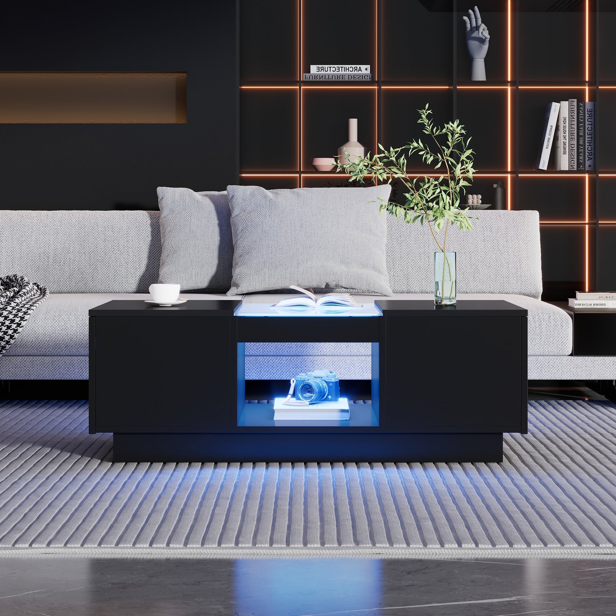 Logidon Zwarte salontafel 100x50x35,5 cm glaspanelen LED