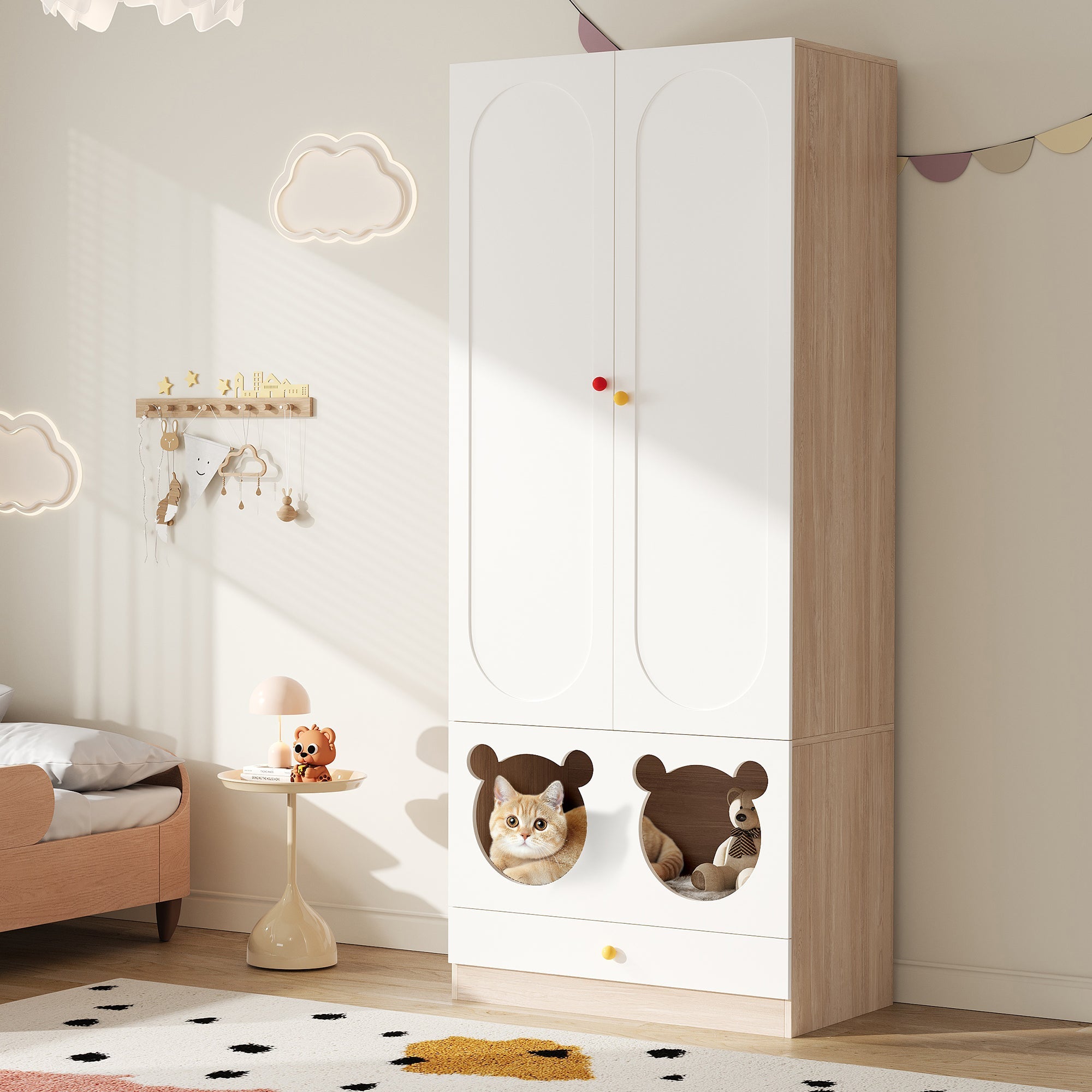 Logidon kinderkledingkast wit naturel hout met kattenmand 80x50x200cm