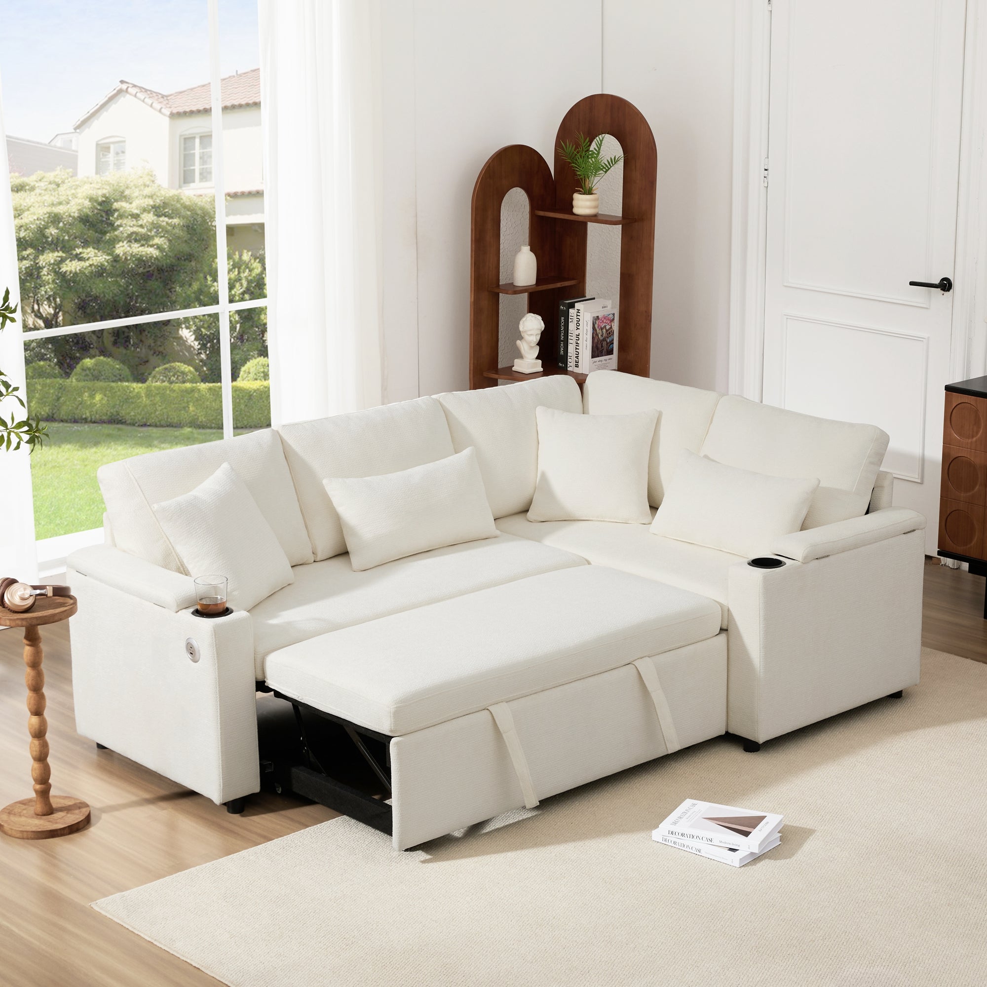 Logidon L-vorm hoekbank beige slaapbank opbergruimte USB-oplaadpoort