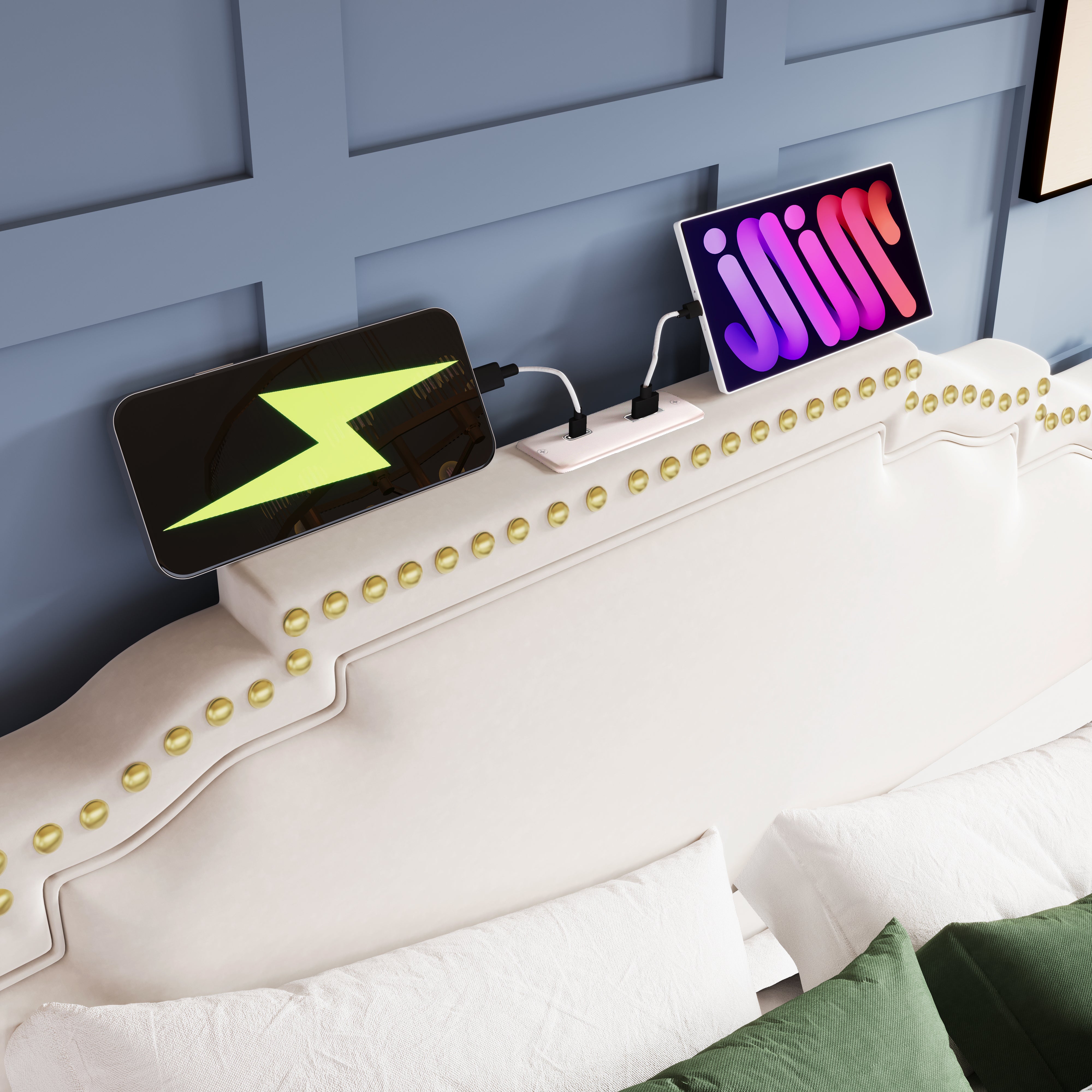 Logidon Upholstered Bed 160x200 Beige Velvet With Four Drawers LED USB C