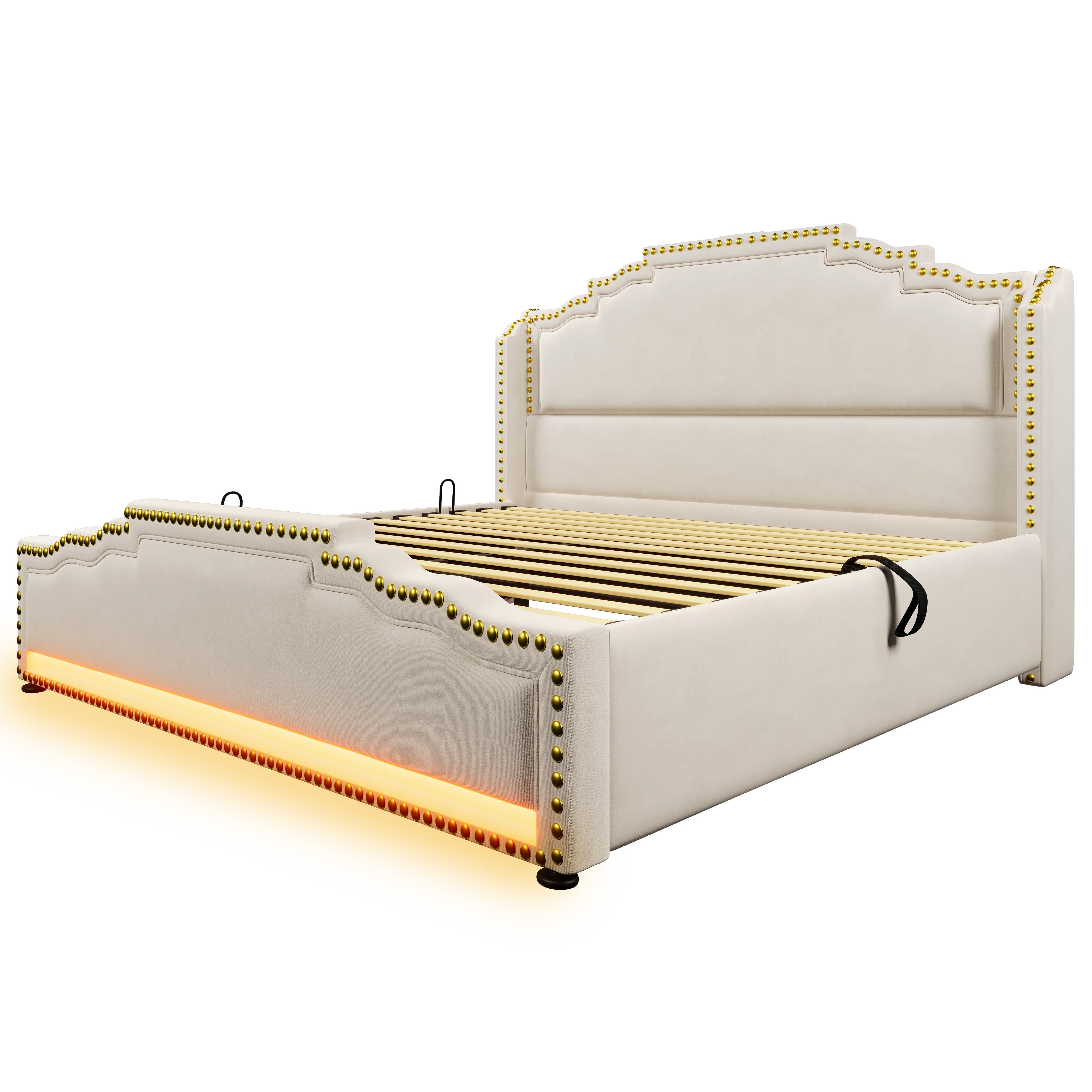 Logidon gestoffeerd bed 160x200 beige fluweel hydraulische opbergruimte LED USB-C