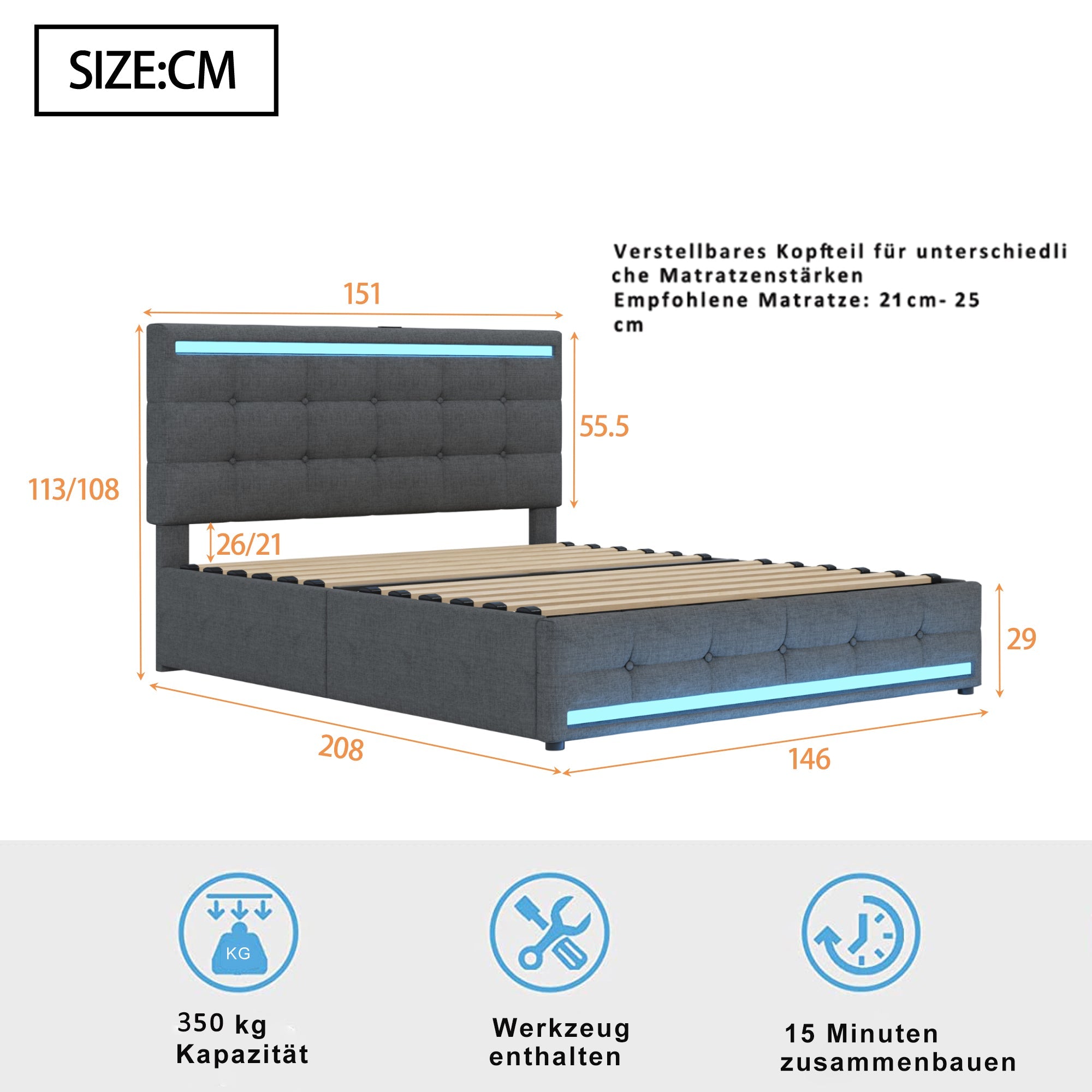 Logidon gestoffeerd bed 140x200 cm grijs LED opbergruimte USB 4 lades