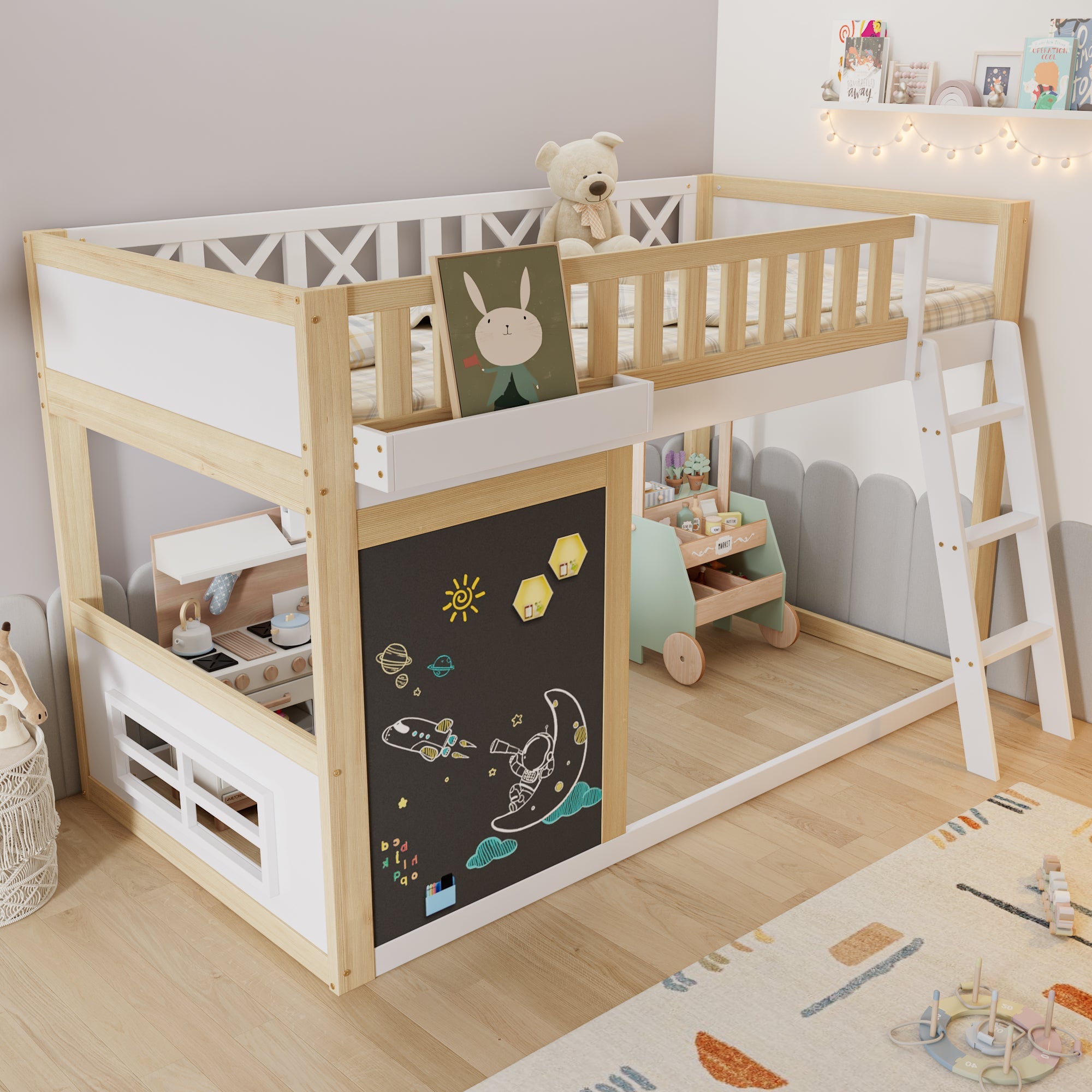 Logidon Kinderhoogslaper 90x200 met plankruimte en opbergruimte wit-naturel