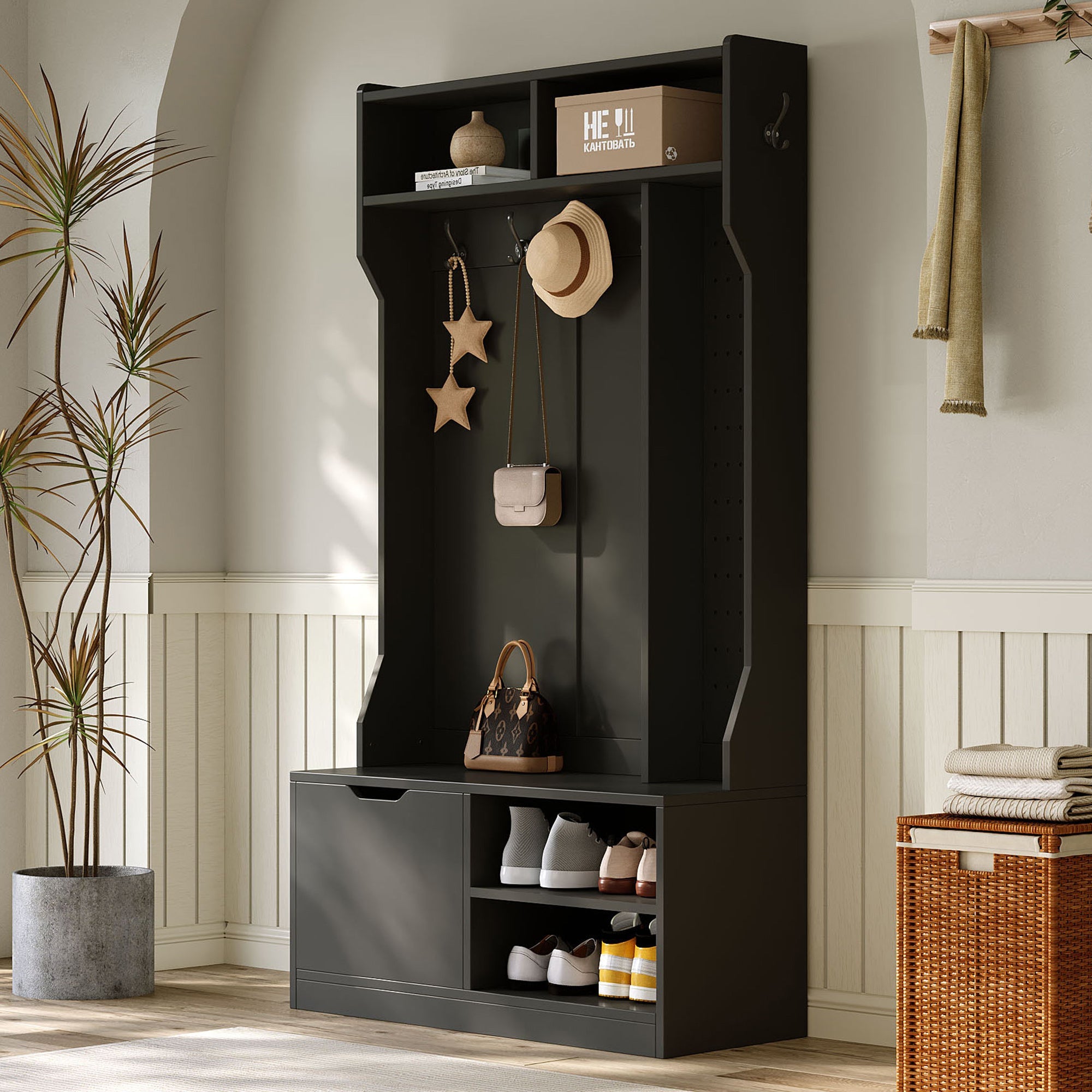 Logidon kledingkastset zwart 100x185,5x40 cm met bank 6 haken