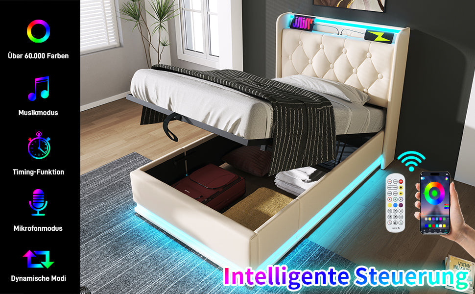Logidon gestoffeerd bed eenpersoons 90x200 cm wit PU 360 SurroundLED USB C oplaadfunctie