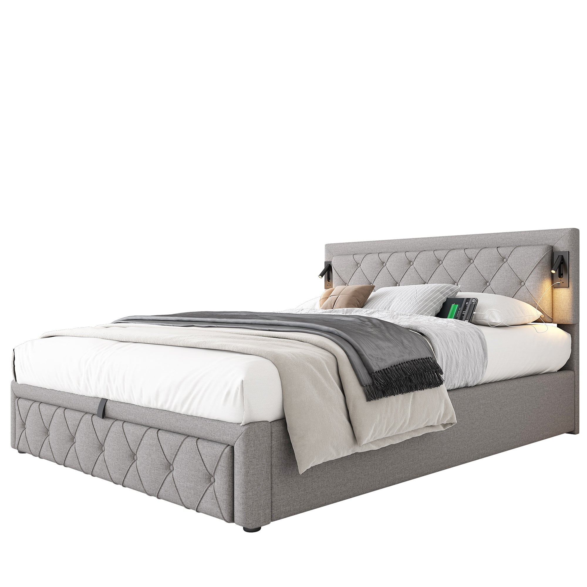 Logidon gestoffeerd bed 160x200 grijs met inbouwspot USB opbergruimte lattenbodem