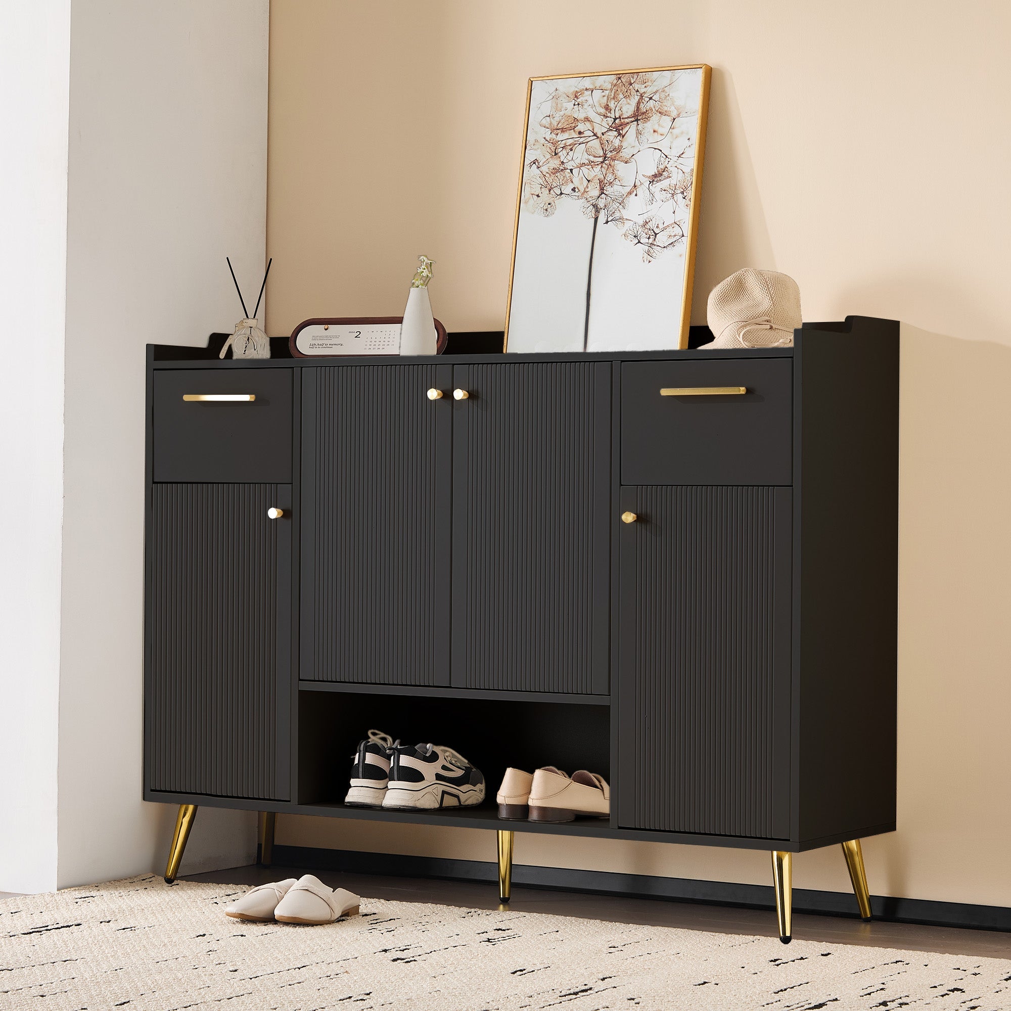 Logidon shoe cabinet black with 2 drawers and 4 doors metal feet