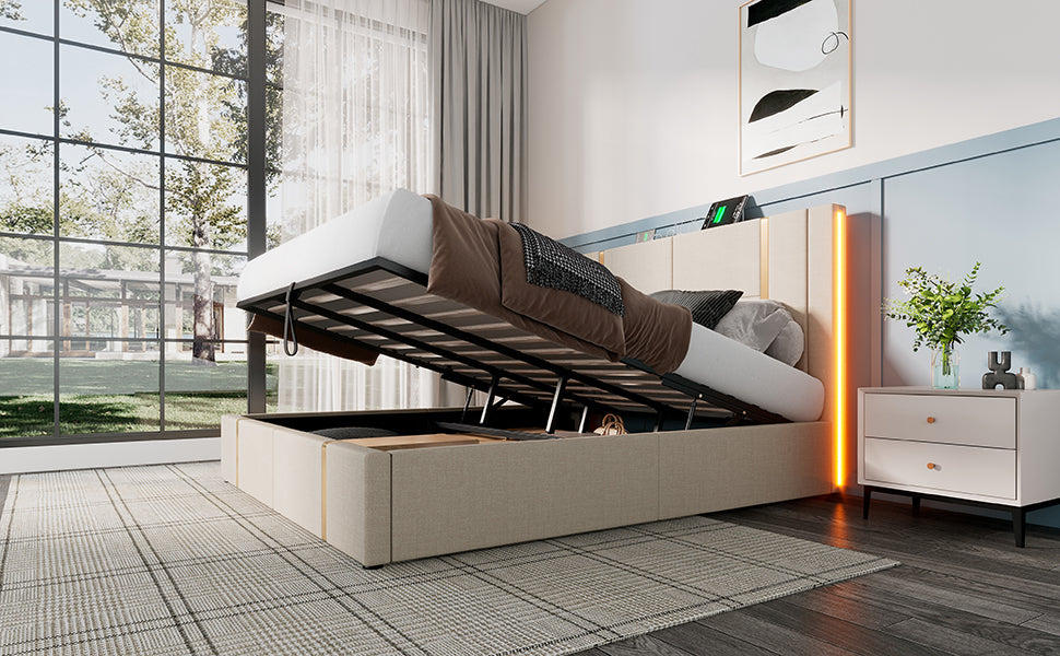 Logidon upholstered bed double bed 180x200 USB-C charging function beige storage space