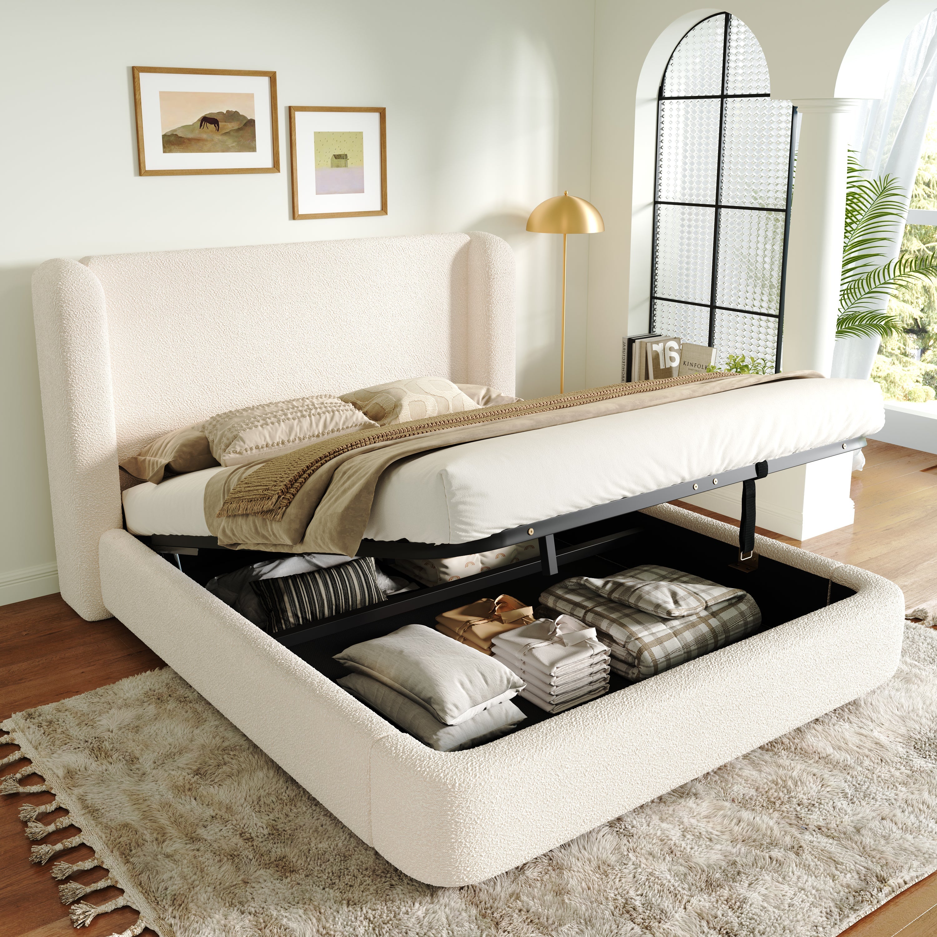 Logidon gestoffeerd bed tweepersoonsbed 160x200 beige bouclé met opbergruimte