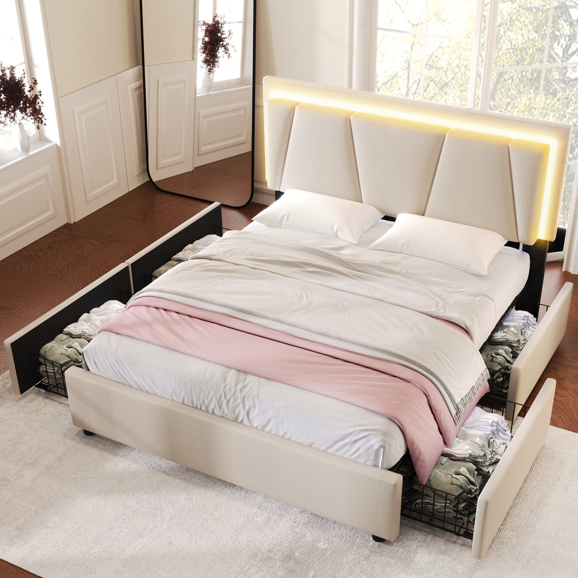 Logidon gestoffeerd bed 160x200 beige met LED verlichting en opbergruimte