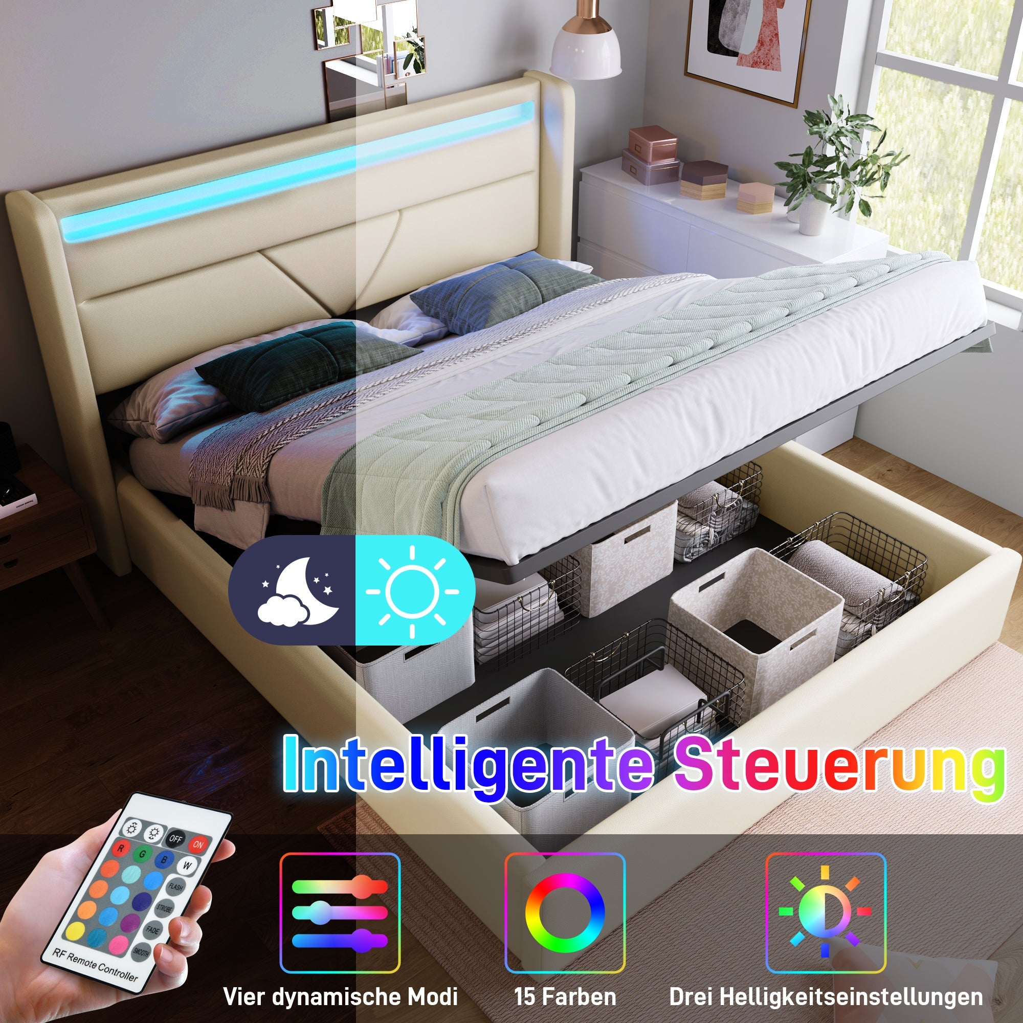 Logidon Hydraulisch Opbergbed 160x200 cm Wit Met LED Verlichting