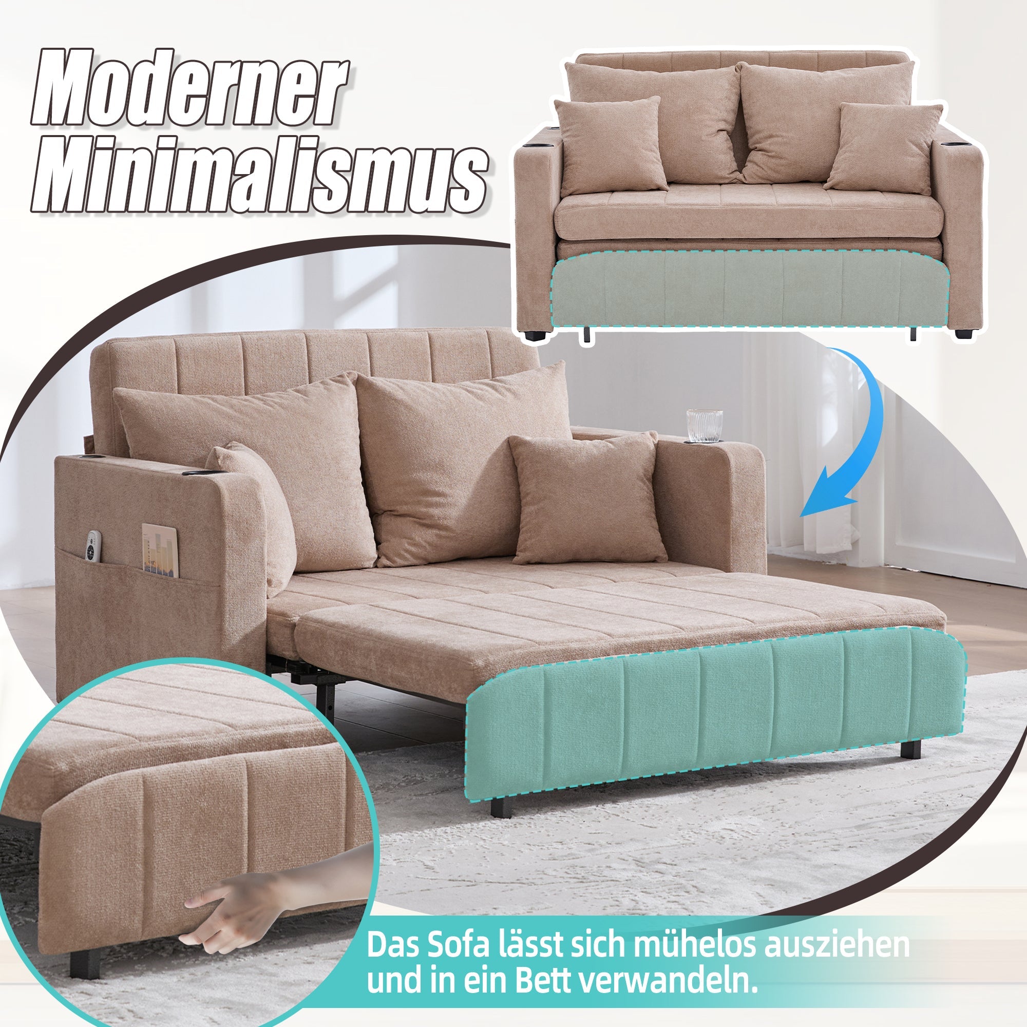 Logidon multifunctionele stoffen bank Khaki Velvet met USB-oplaadfunctie