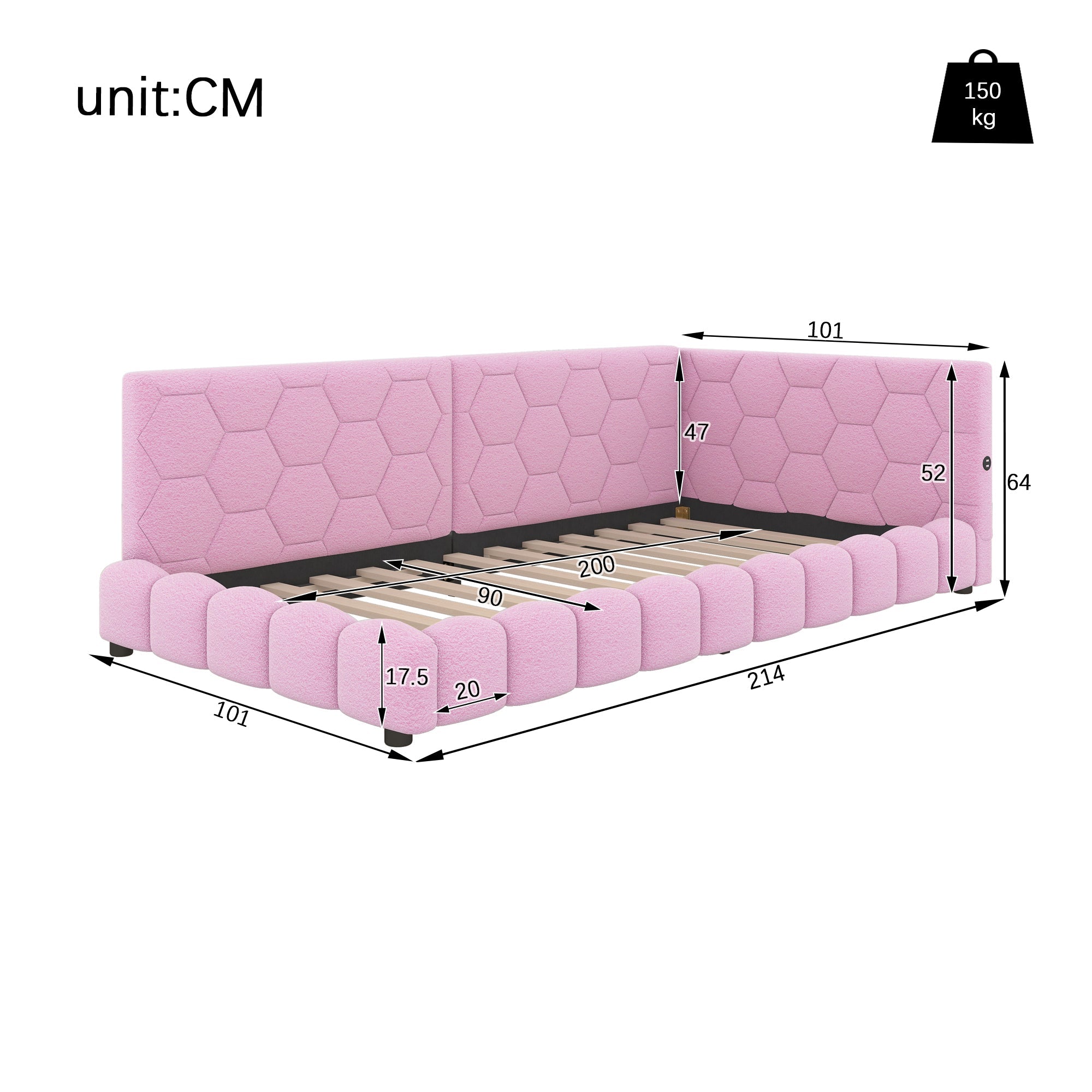 Logidon Daybed 90x200 roze slaapbank met USB TypeC lichte kleuren
