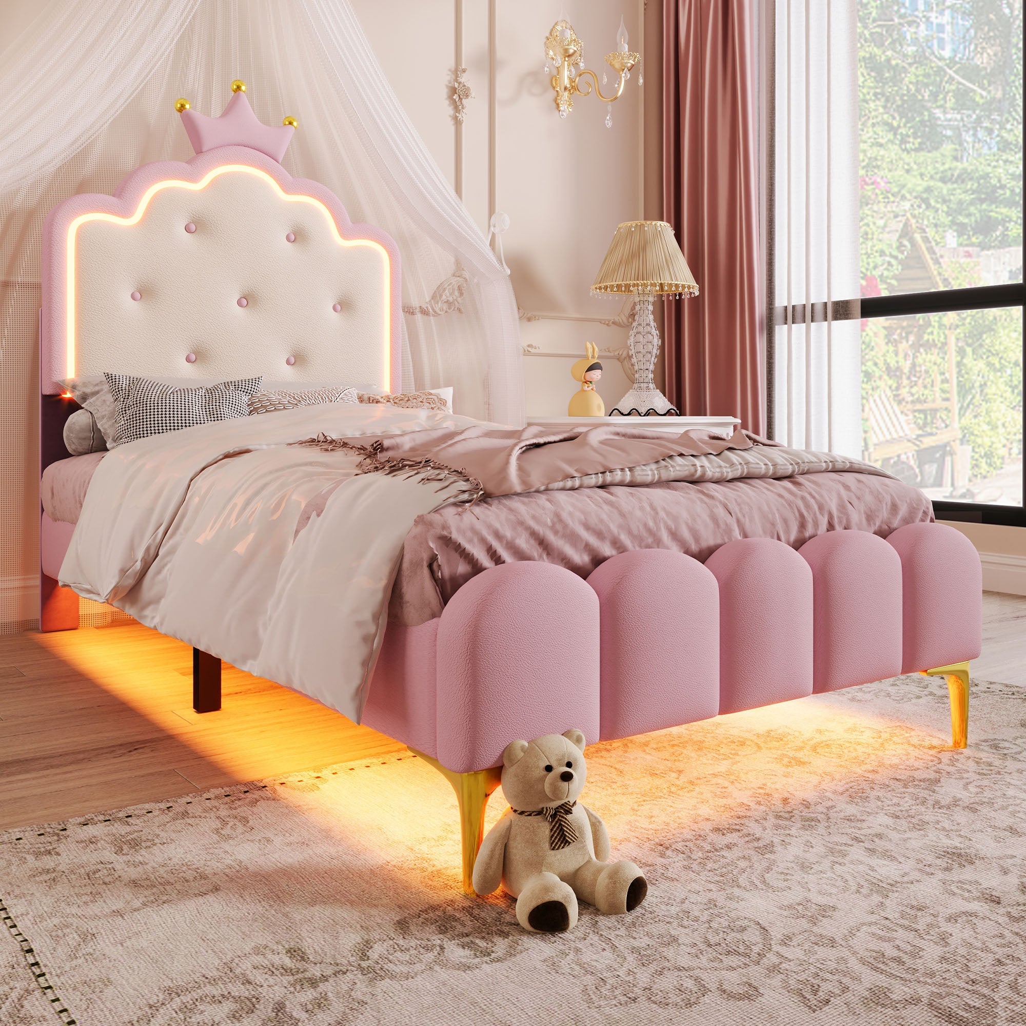 Logidon upholstered bed 90x200 crown princess shape pink with slatted frame