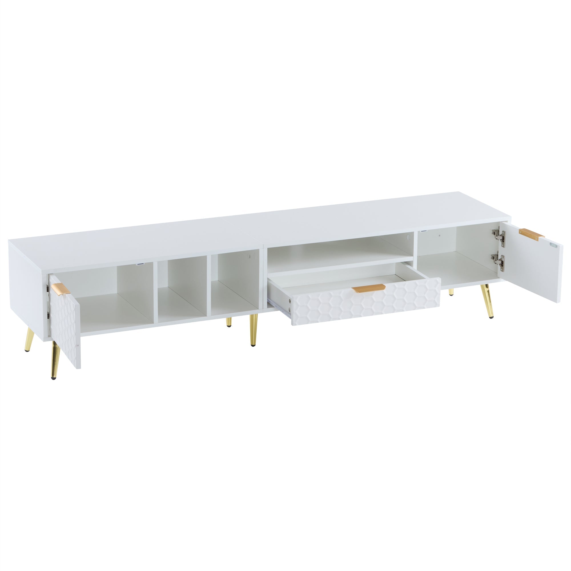 Logidon White TV Stand with Honeycomb Pattern and Storage Space for up to 80 Inches