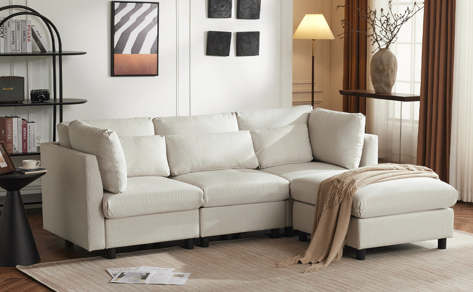 Logidon hoekbank beige stof moderne driezitsbank met voetenbank