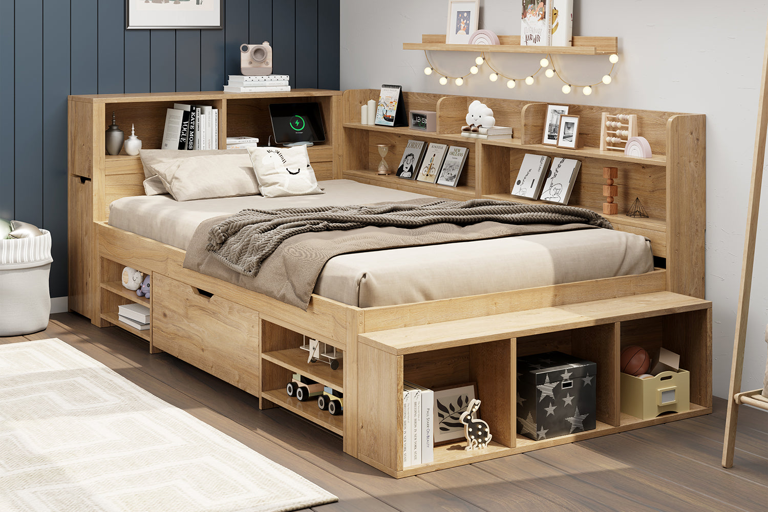 Logidon kinderbed 90x200 cm naturel hout met opbergruimte en opladen