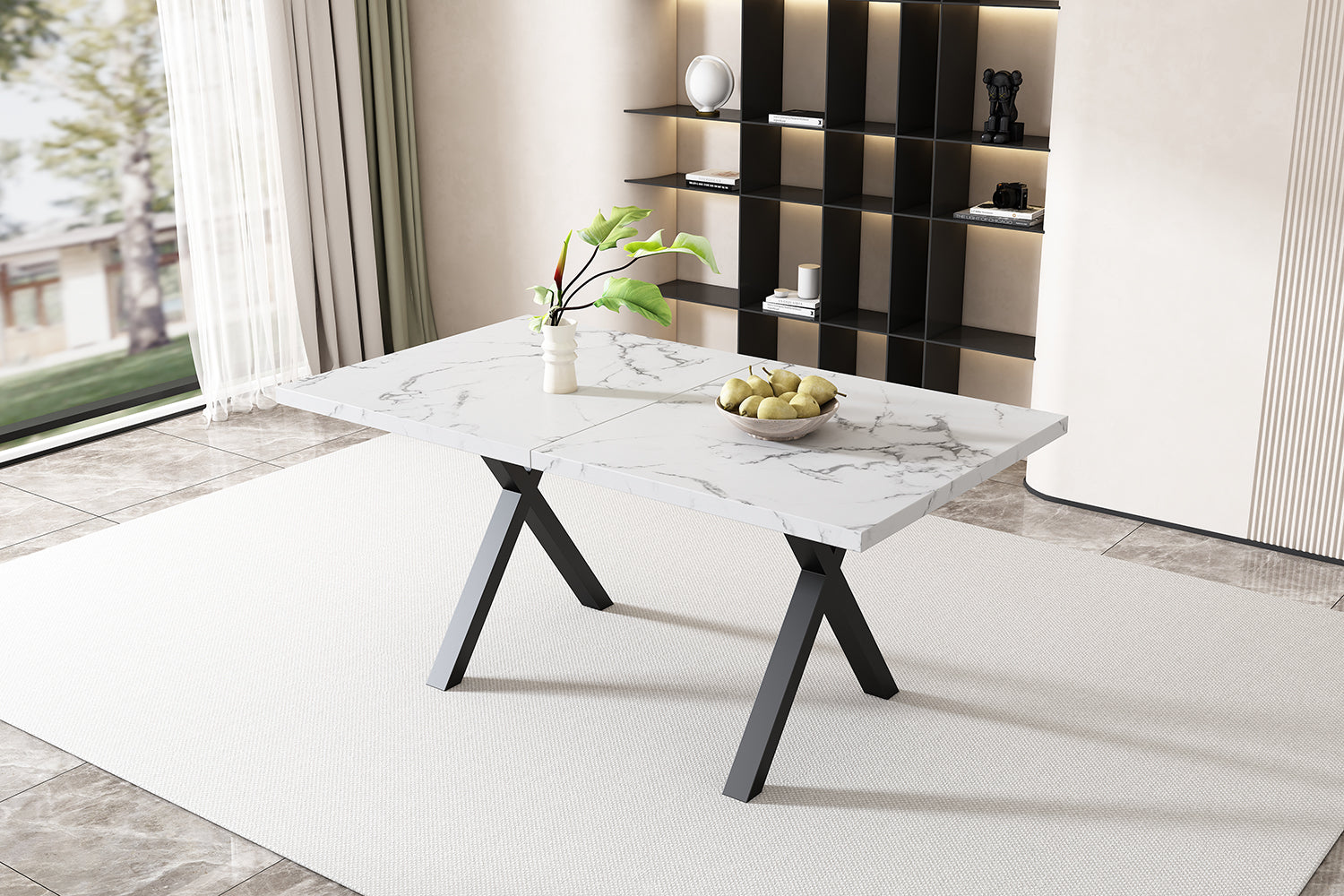 Logidon eettafel kruispoten marmerlook zwart wit 140x80x76 cm