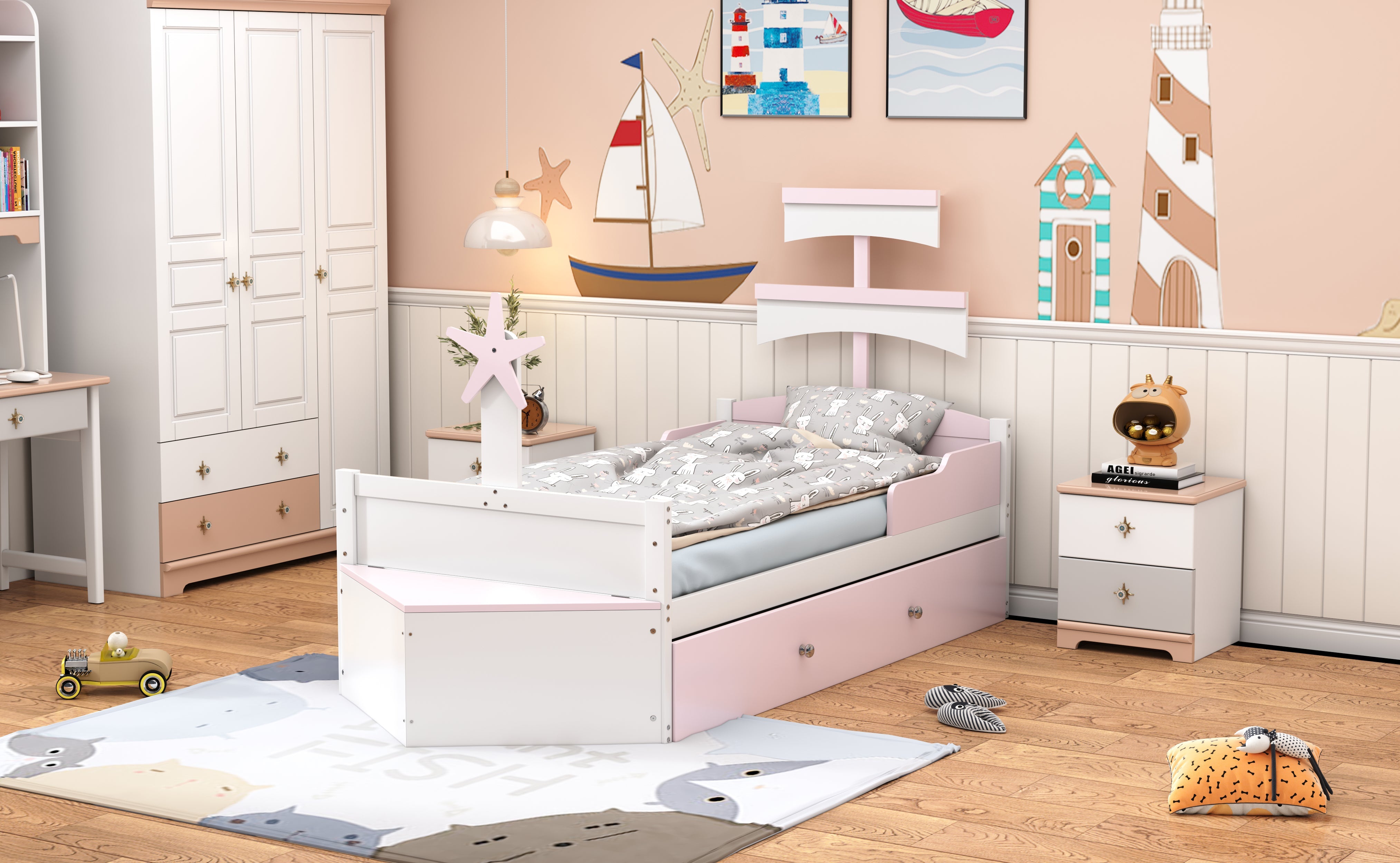 Logidon kinderbed hout roze zeilbootvorm 90x200 met uitschuifbaar bed