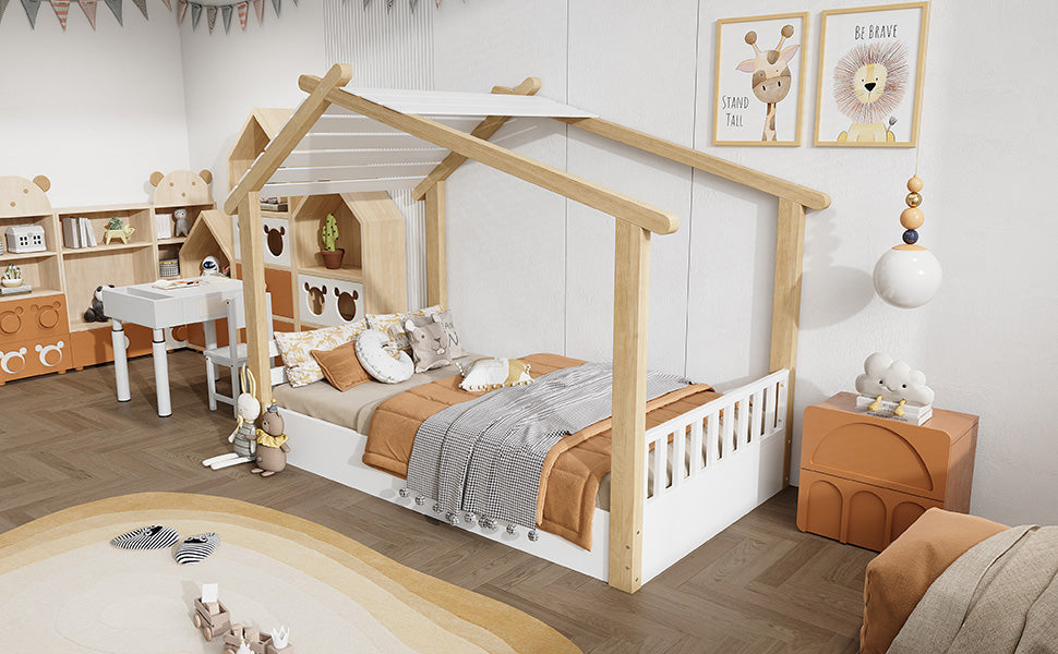 Logidon children's bed 90x200 cm white natural - wooden house design slatted frame