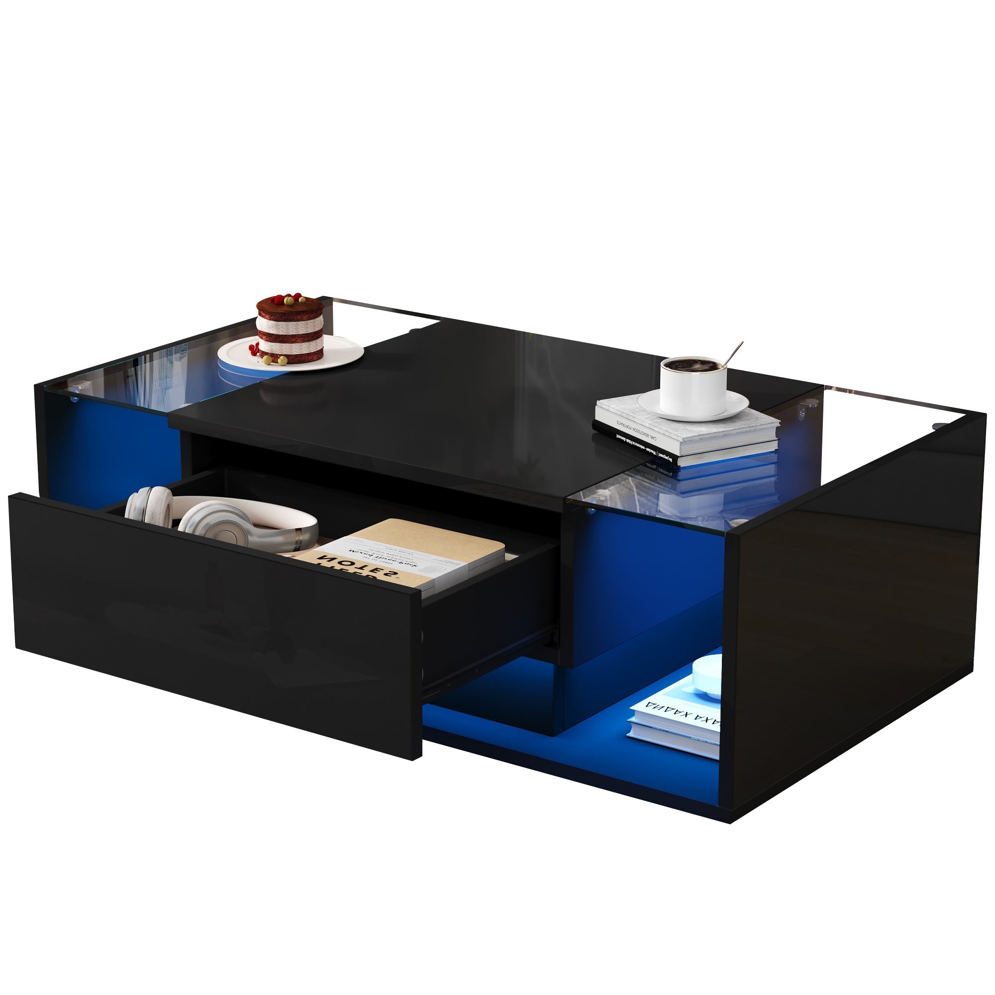 Logidon Zwarte hoogglans salontafel 100x50x31 cm met lade LED lichtstrip