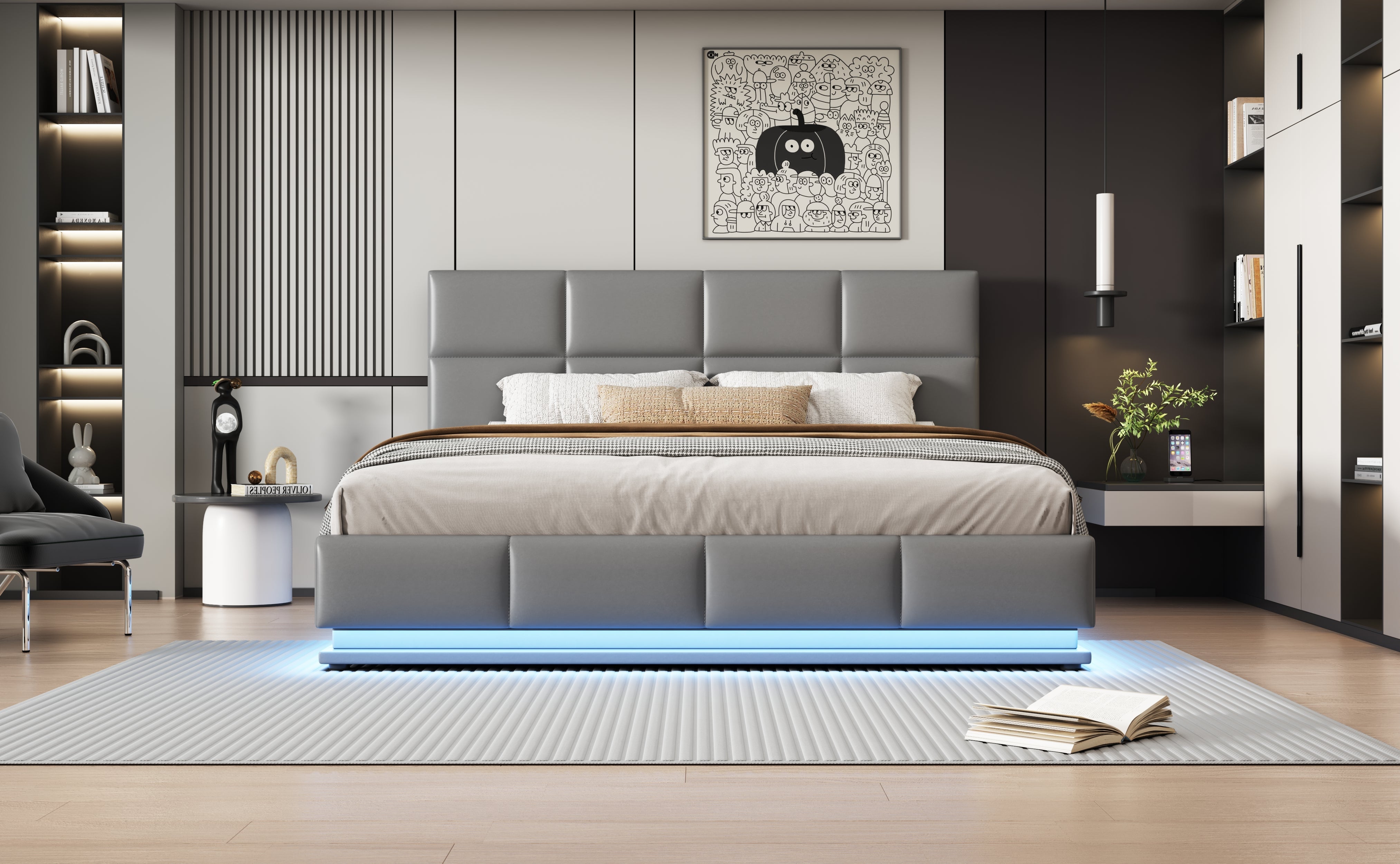 Logidon gestoffeerd bed 180x200 cm LED verlichting hydraulische bedbox cementgrijs