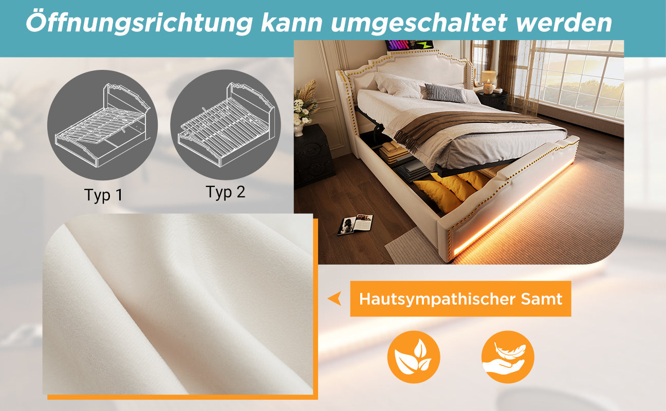 Logidon gestoffeerd bed 140x200 tweepersoonsbed hydraulische opbergruimte LED beige