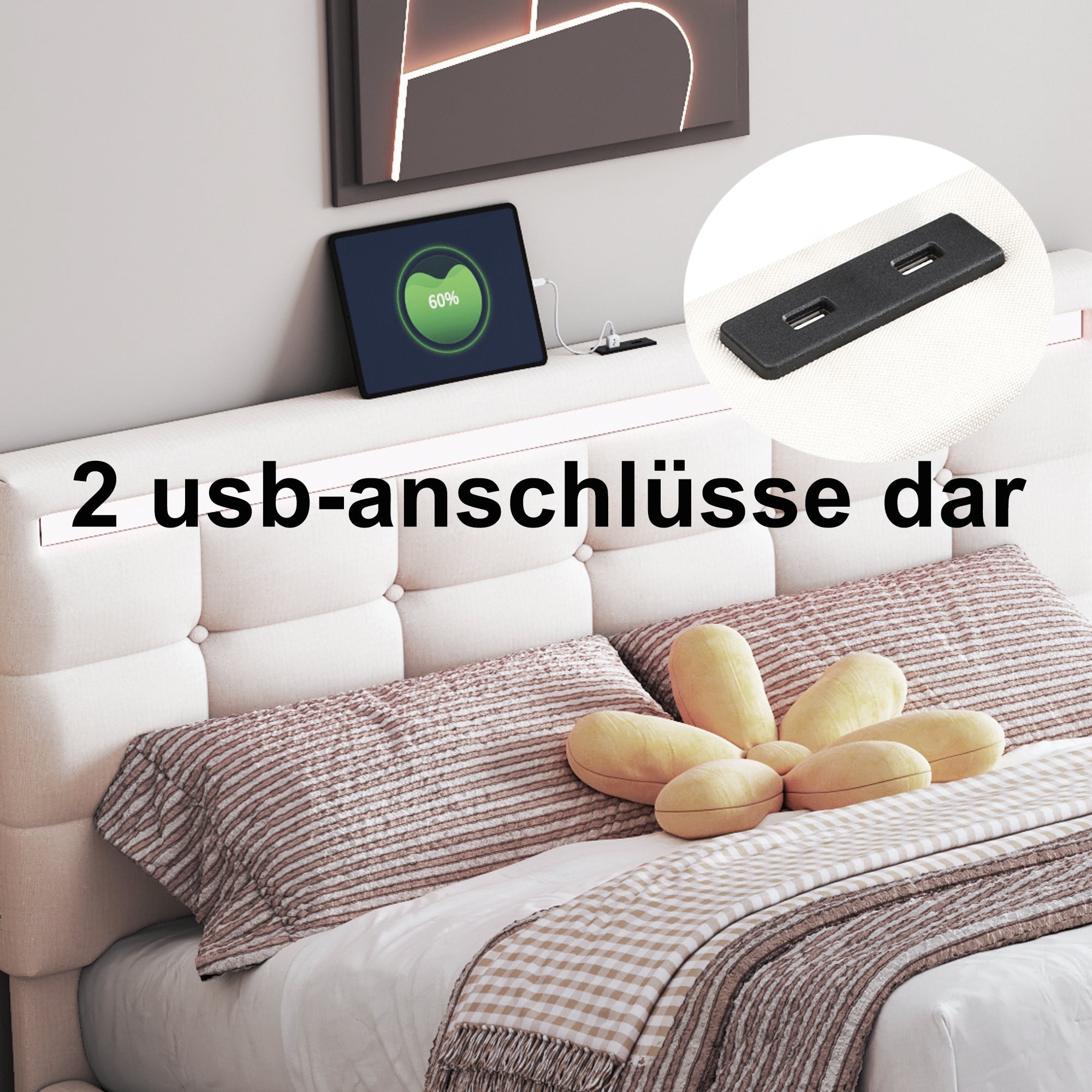Logidon gestoffeerd bed 140x200 beige met LED verlichting en opbergruimte