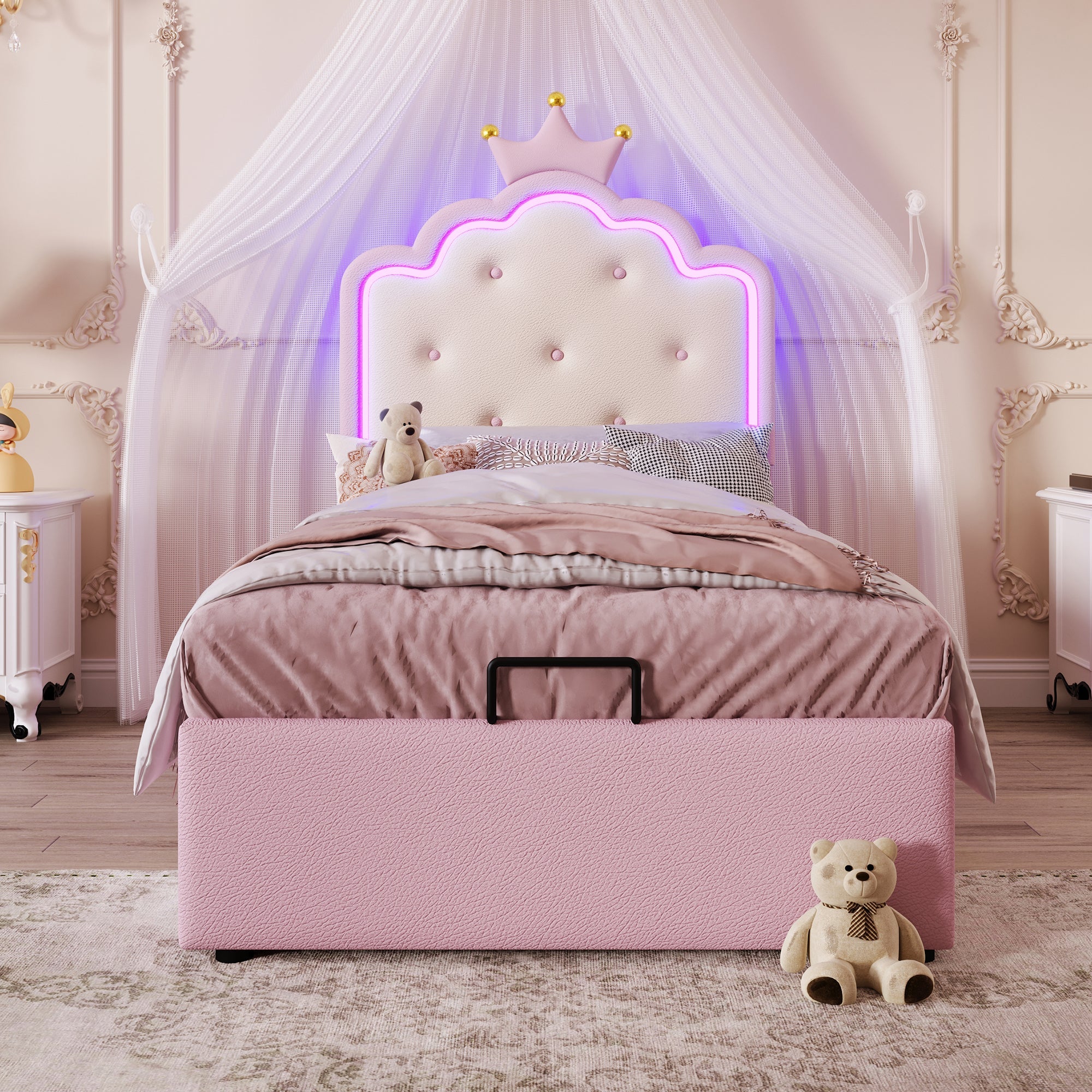Logidon gestoffeerd bed 90x200 roze met sfeerlicht en opbergruimte