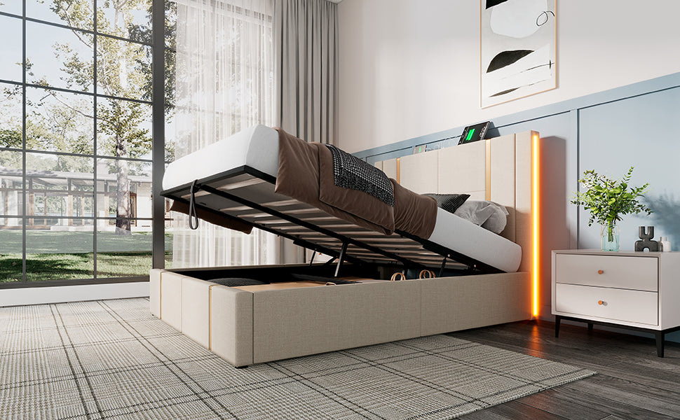 Logidon upholstered bed 160x200 USB C charging function APP control LED beige linen