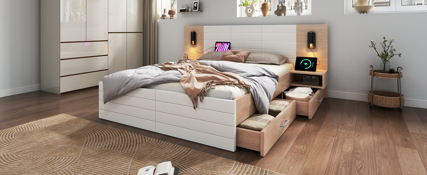 Logidon tweepersoonsbed 140x200 met leeslamp USB 2 laden eiken wit