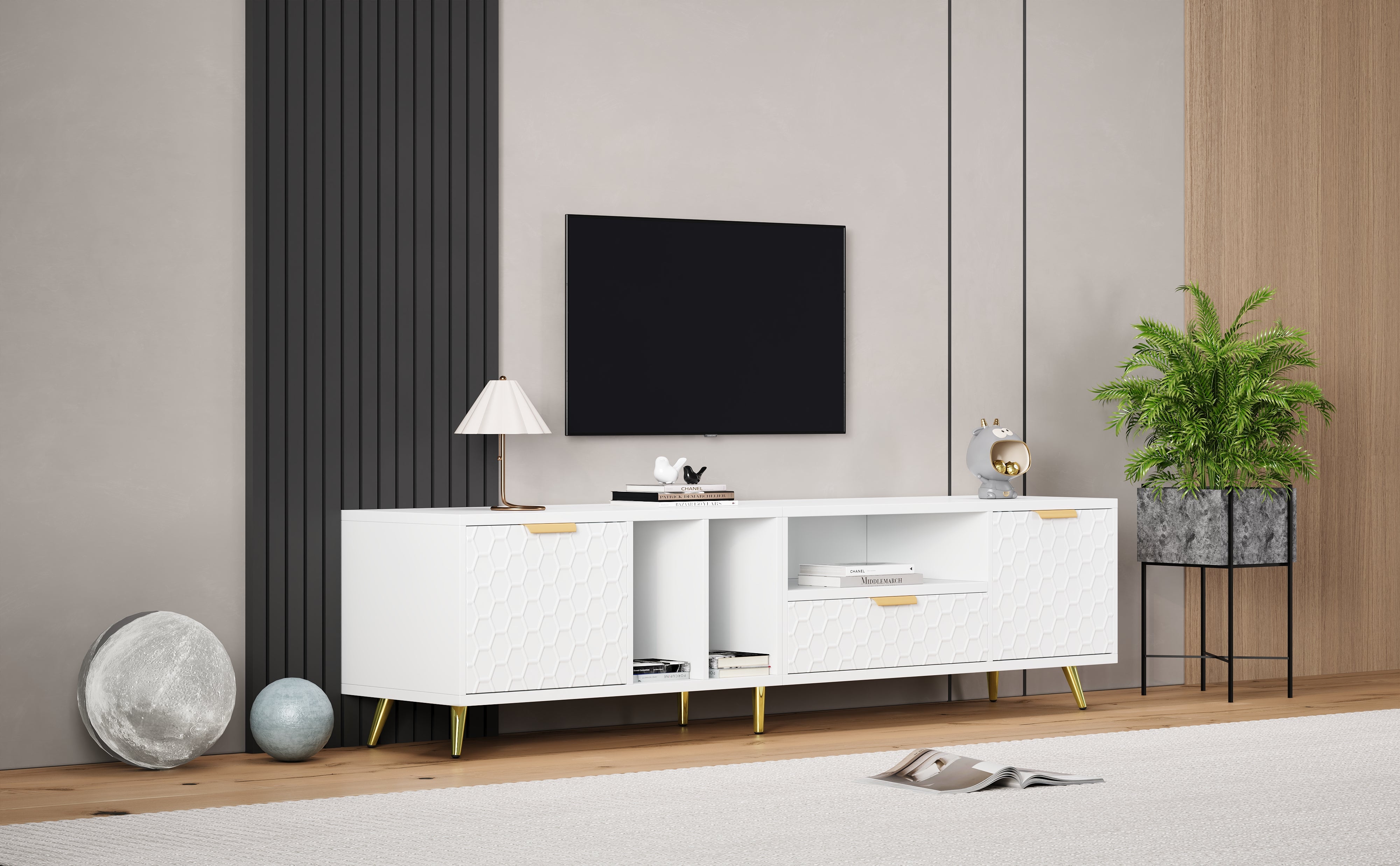 Logidon White TV Stand with Honeycomb Pattern and Storage Space for up to 80 Inches