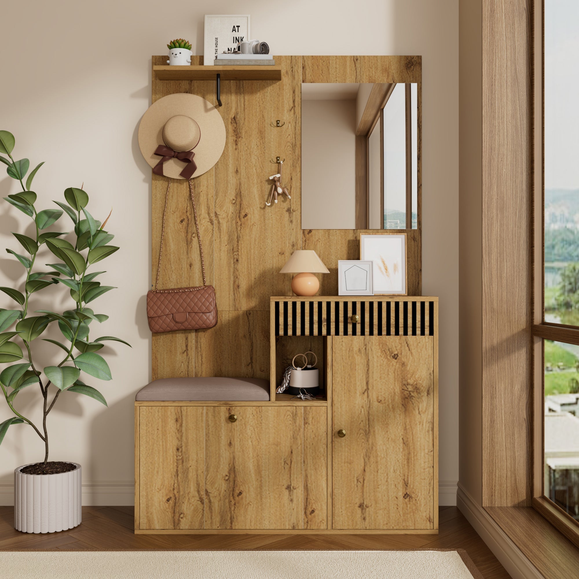 Logidon kledingkastset compacte kledingkast 110x185,5x37 cm natuurlijke MDF spiegel