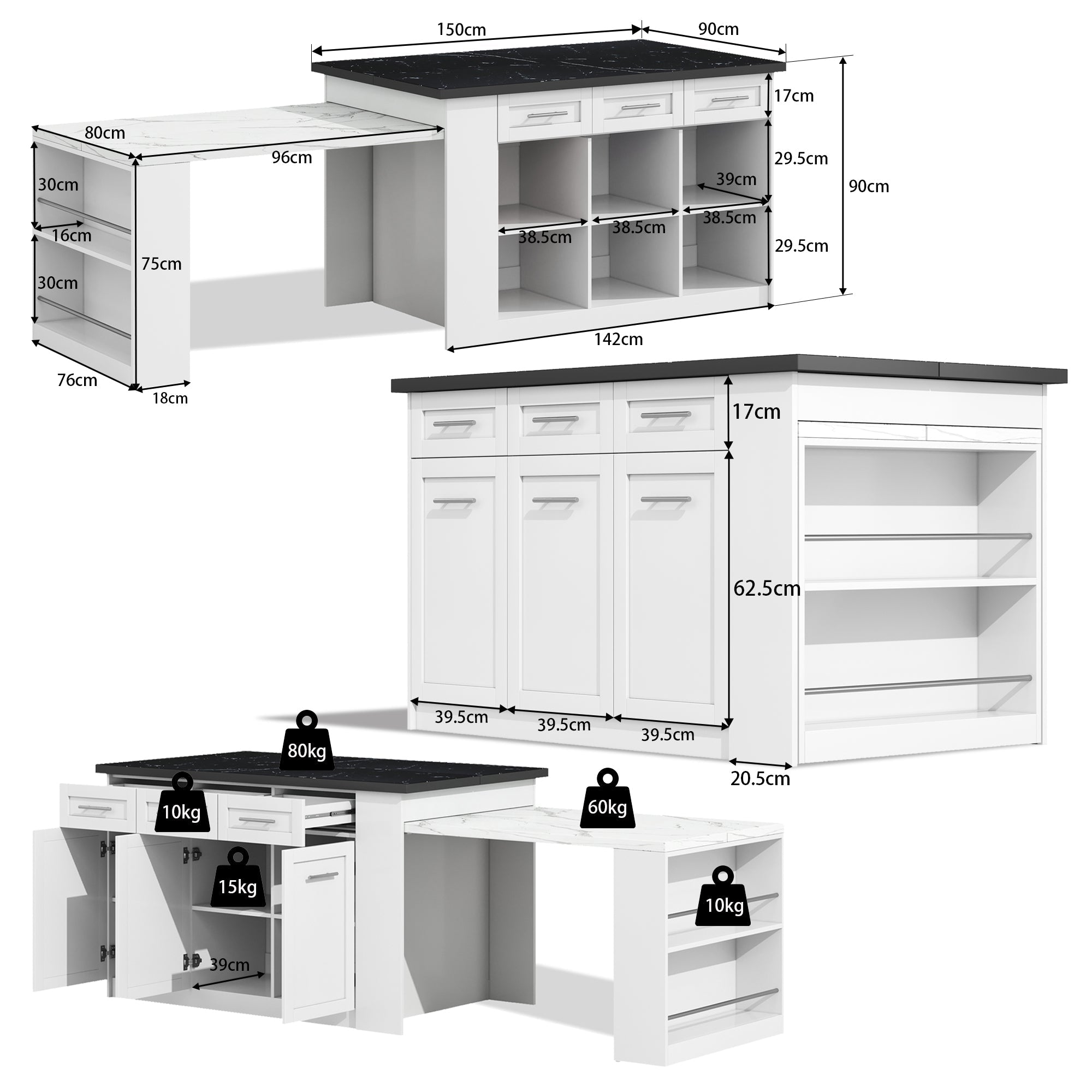 Logidon keukeneiland 150x96 cm wit met marmeren blad uitschuifbare eettafel
