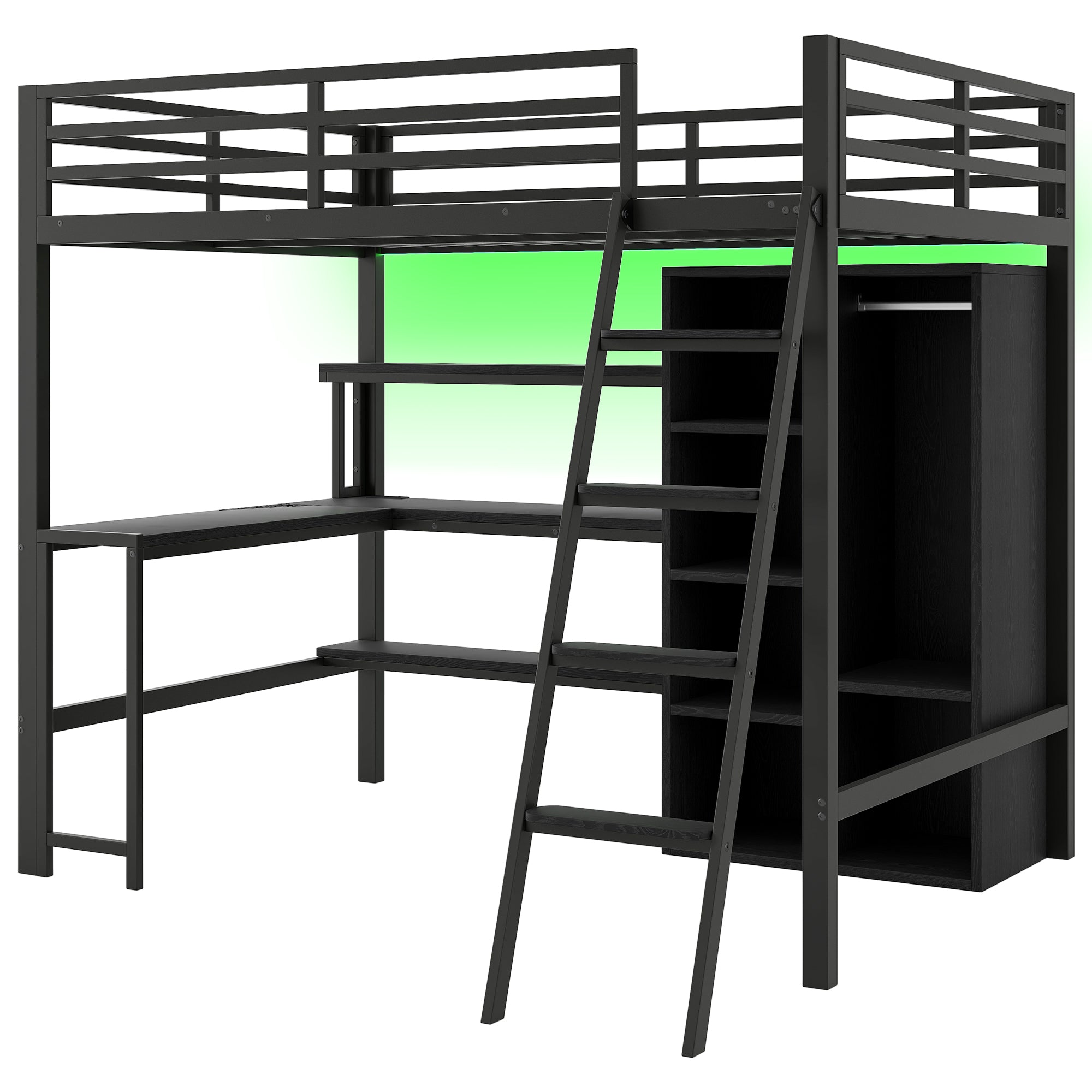 Logidon metalen hoogslaper 140x200 zwart met trap bureau USB LED