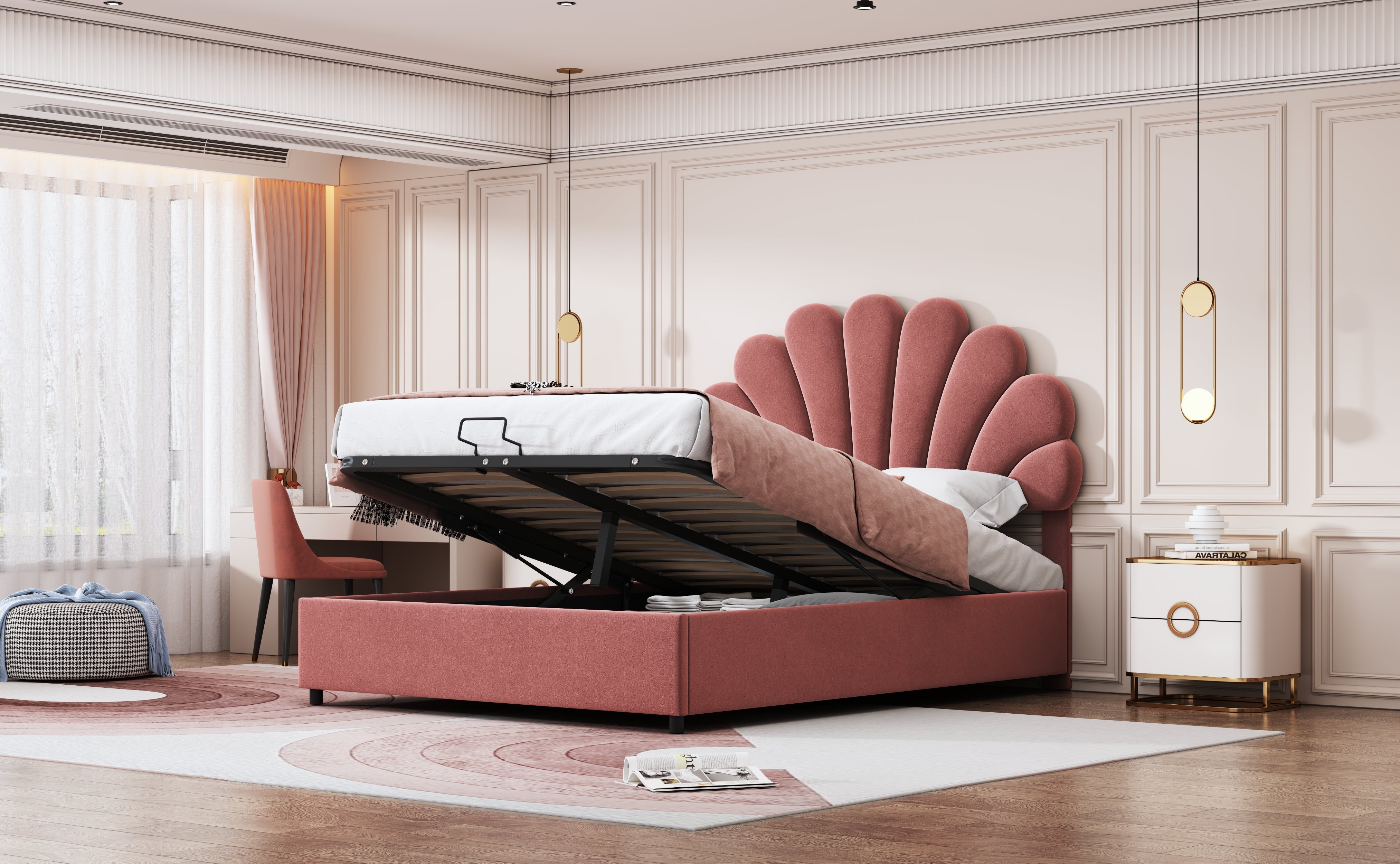 Logidon upholstered bed 140x200 pink with floral headboard and storage space