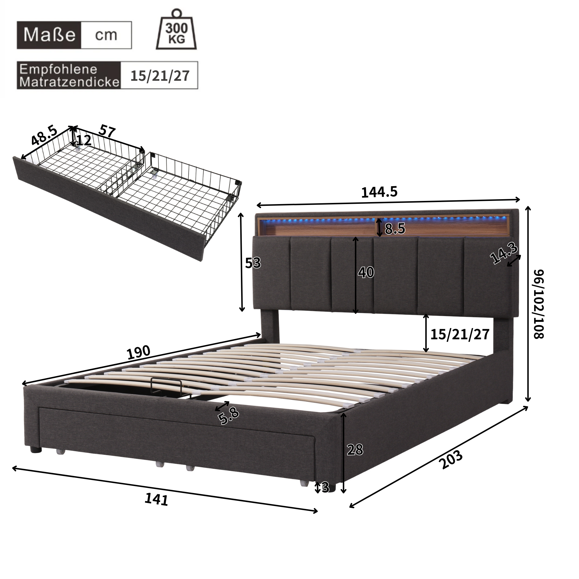 Logidon gestoffeerd bed 140x190 grijs met LED verlichting en opbergruimte